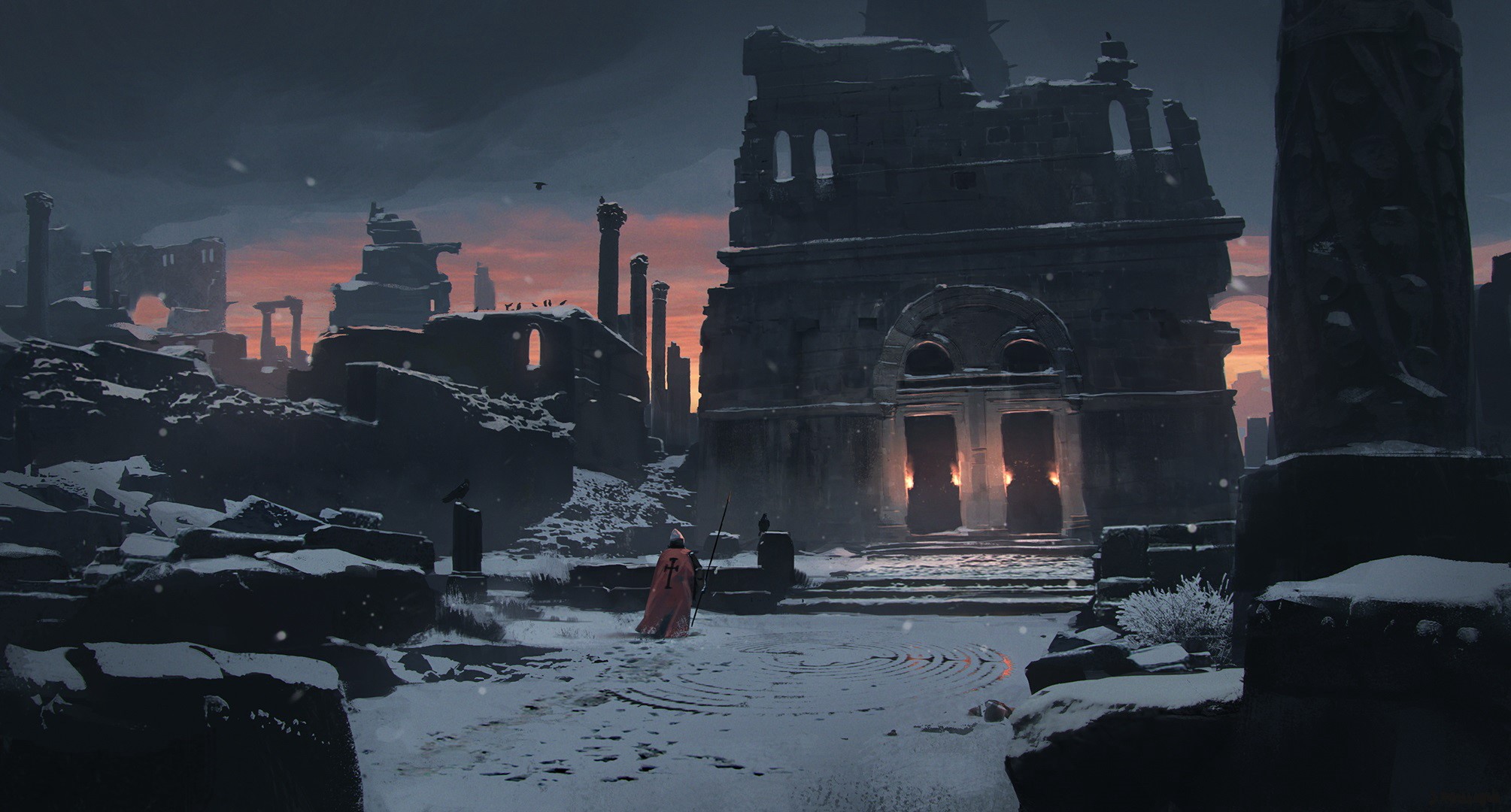 Knight in snowy ruins at dusk HD Wallpaper