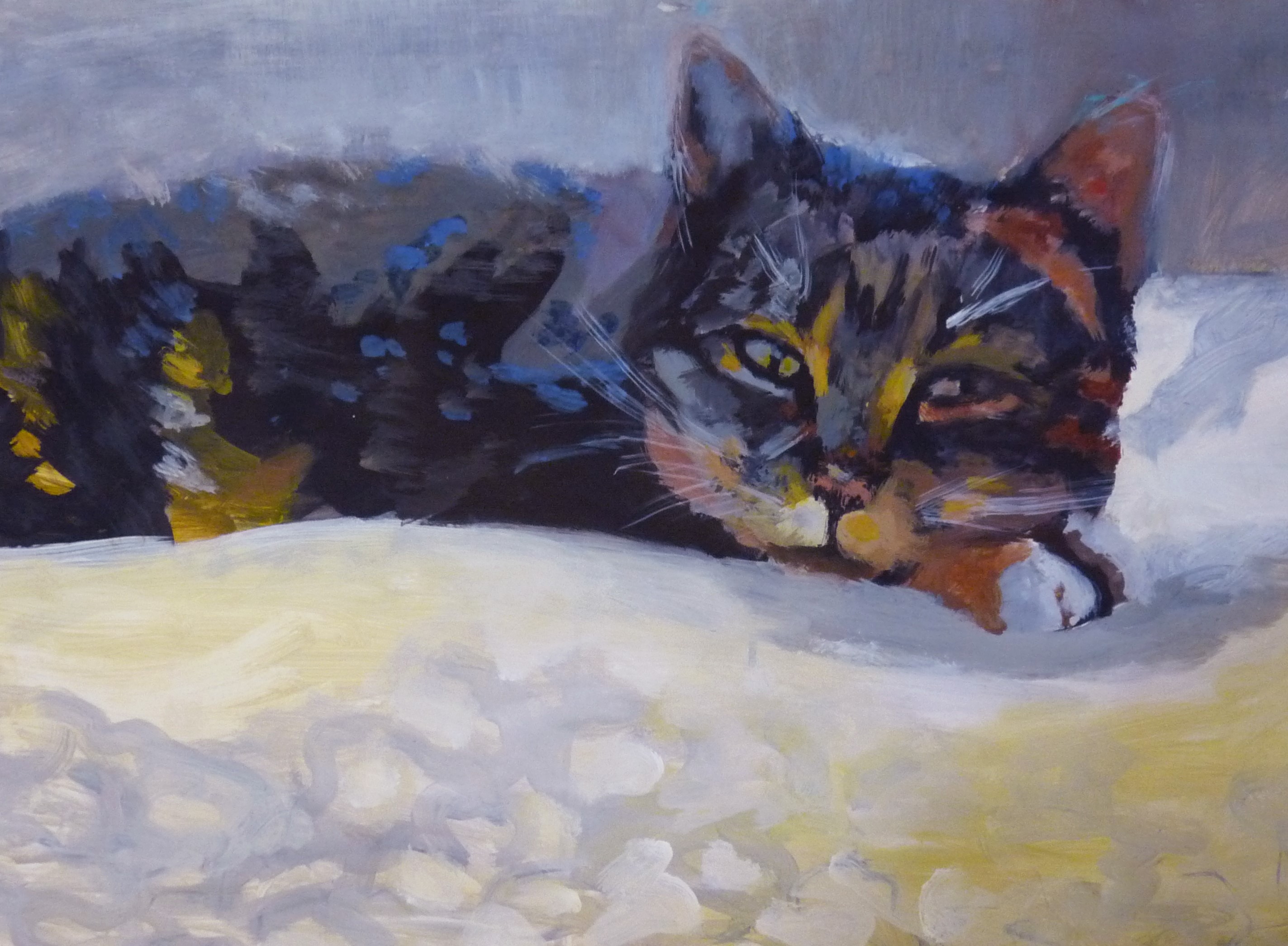 Painting of a cat resting on a surface HD Wallpaper