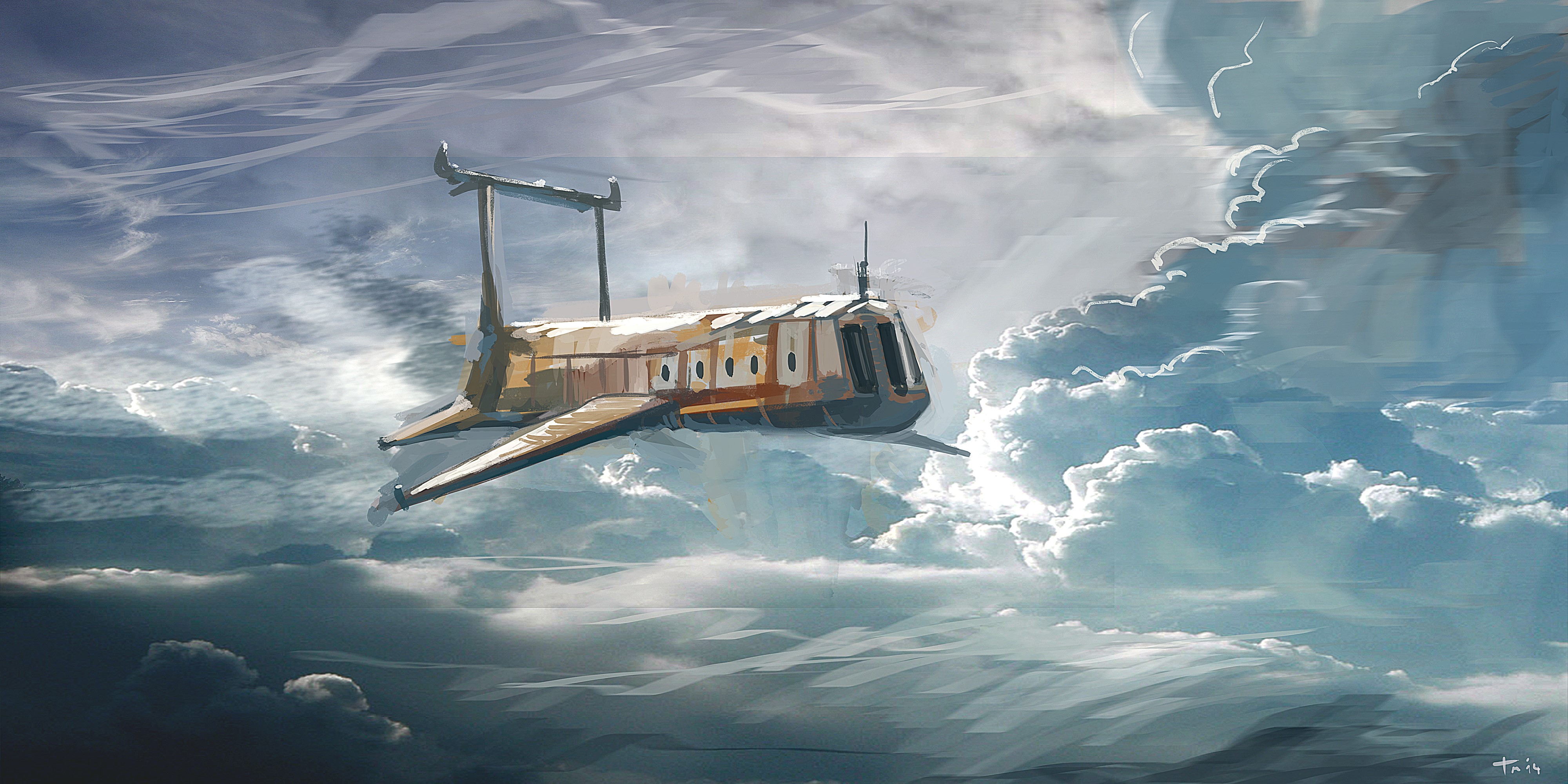 Technics Fantasy aircraft flying through clouds HD Wallpaper