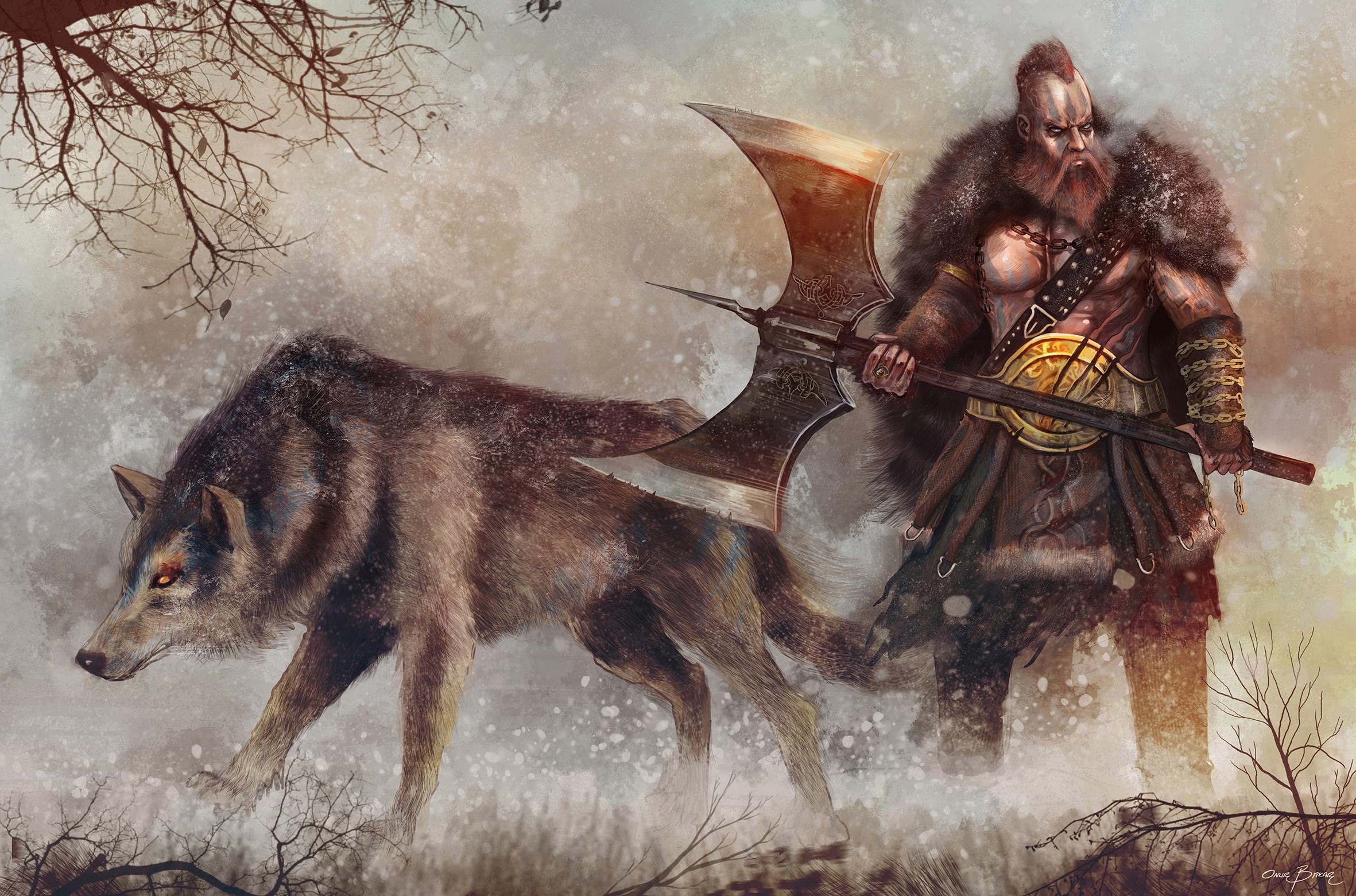 Viking warrior with axe and wolf in snow HD Wallpaper