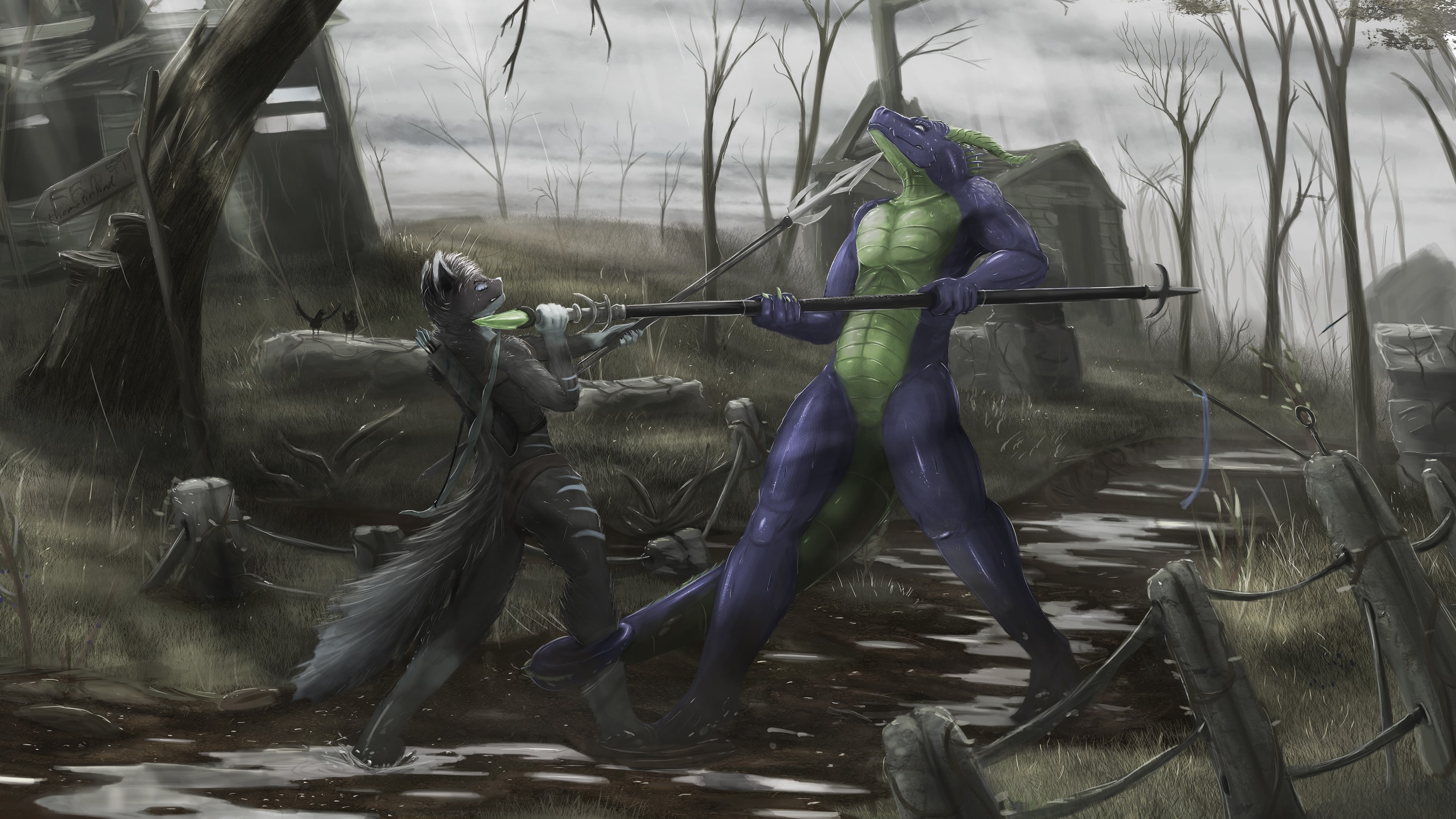 Two anthropomorphic warriors with spears in a desolate landscape HD Wallpaper