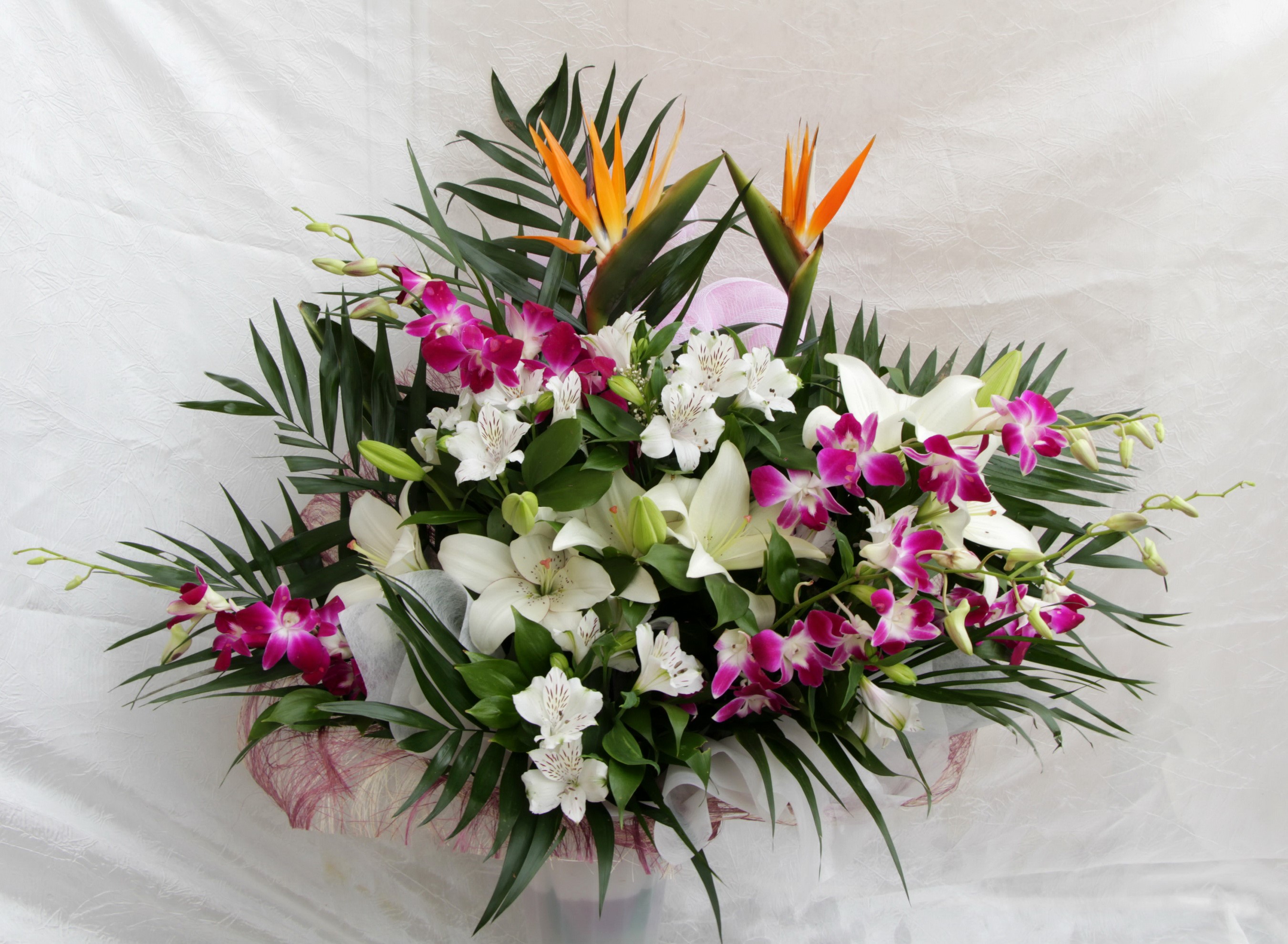 Bouquet of Lilies, Orchids, and Bird of Paradise flowers HD Wallpaper