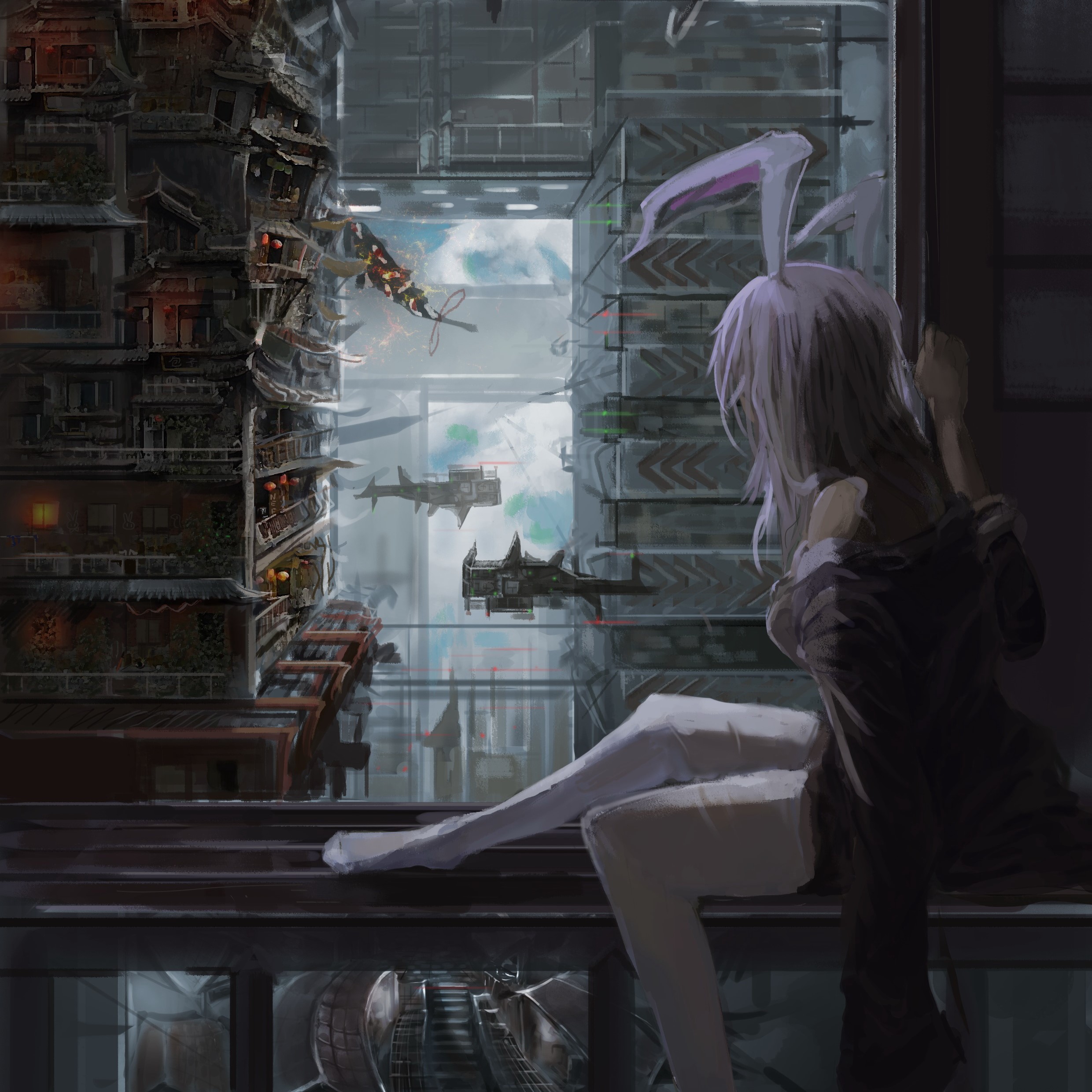 Reisen Udongein Inaba from Touhou in a futuristic city HD Wallpaper