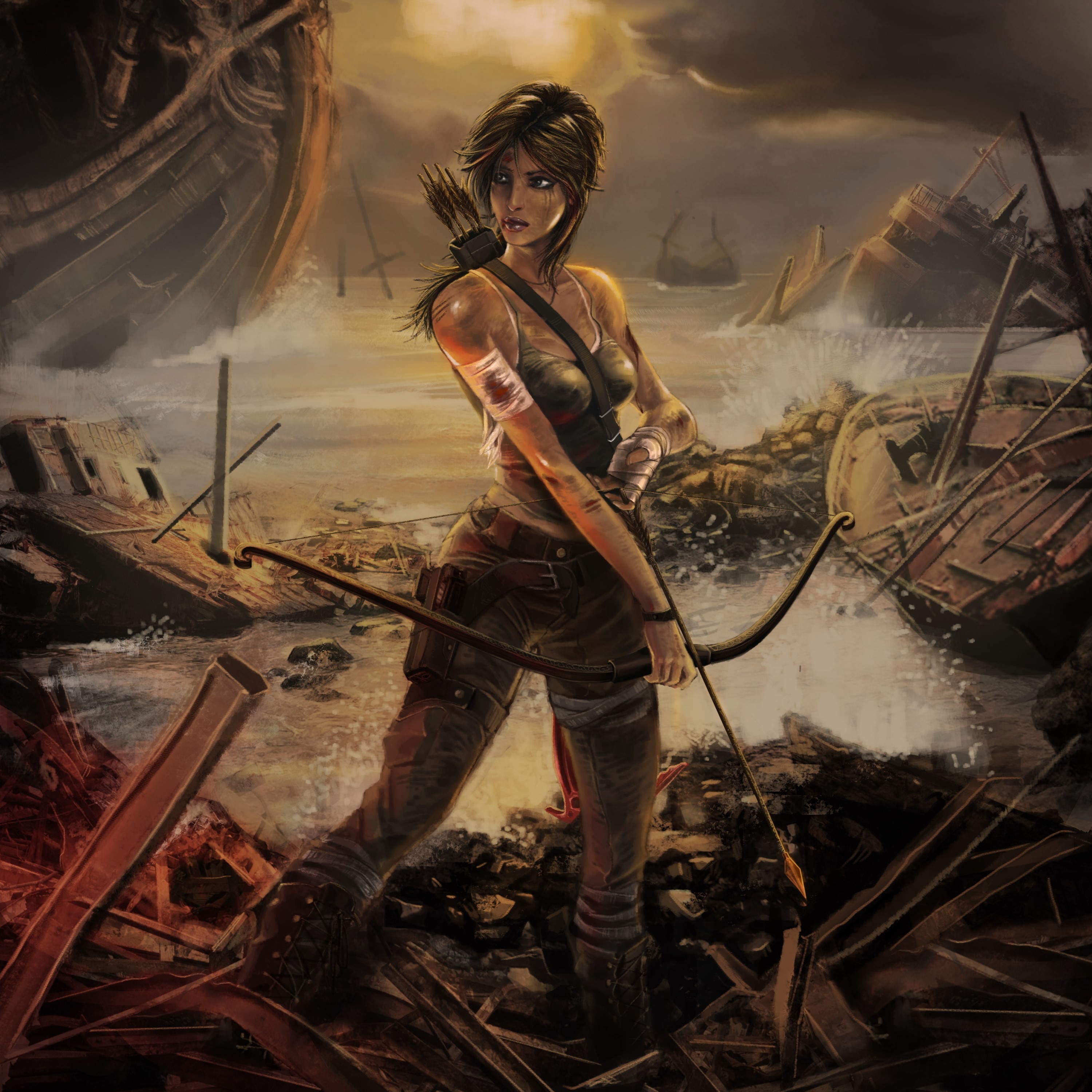 Lara Croft from Tomb Raider with a bow and arrow HD Wallpaper