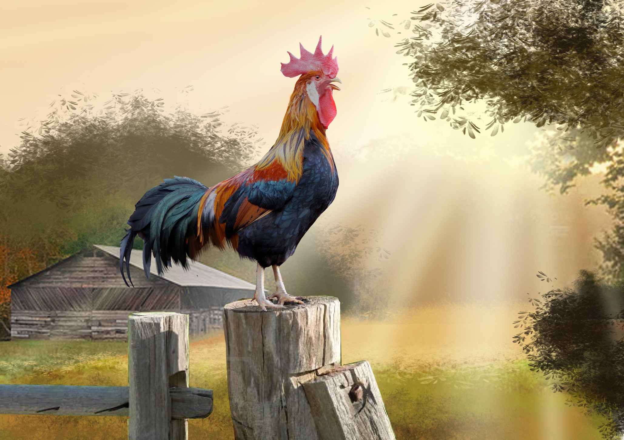 Rooster standing on a wooden post at sunrise HD Wallpaper