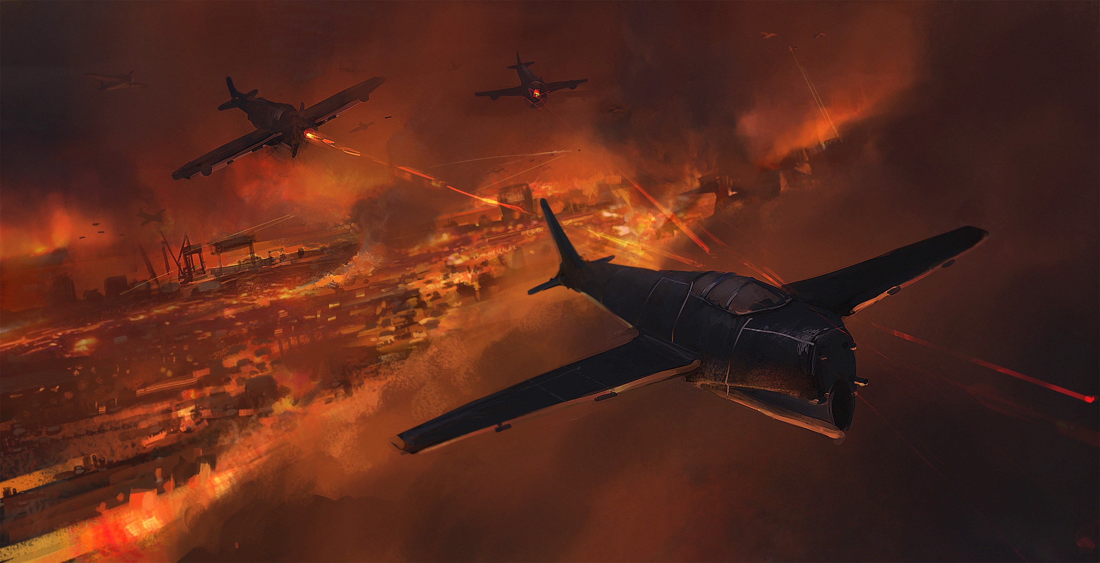 Fighter airplanes in a fiery aerial battle over a burning city HD Wallpaper