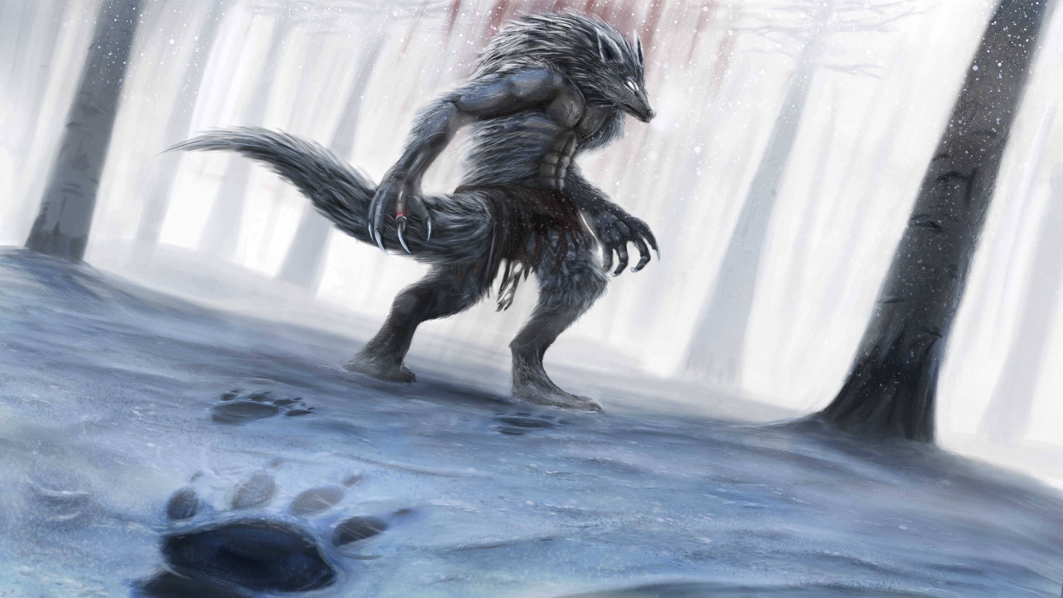 Werewolf walking in a snowy forest HD Wallpaper