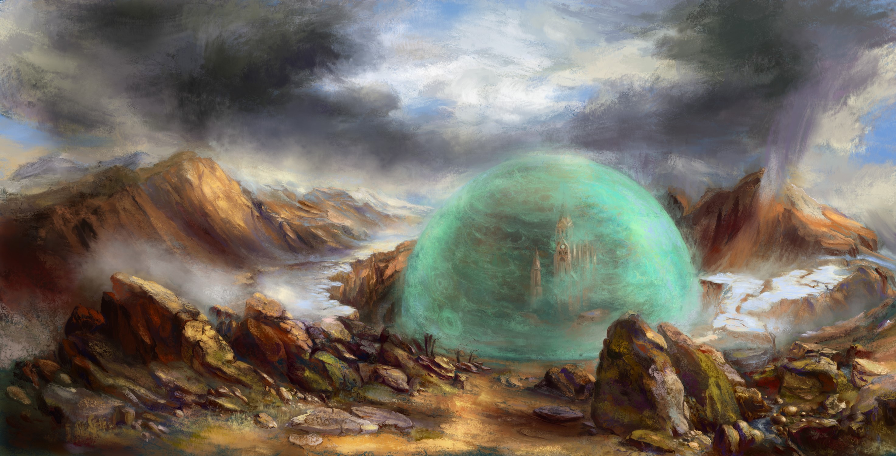 Fantasy landscape with a glowing dome and mountains HD Wallpaper