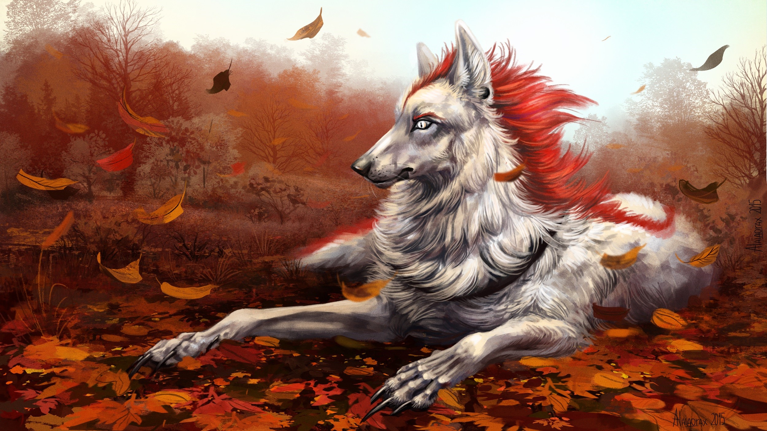 White wolf with red mane in autumn forest HD Wallpaper