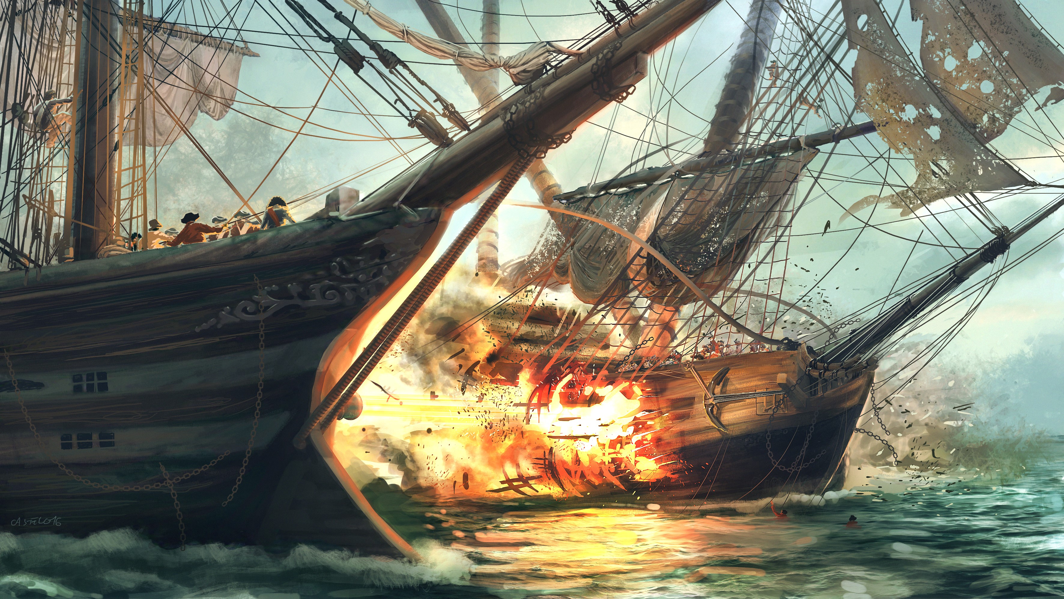 Ships engaged in naval battle with explosions and fire HD Wallpaper