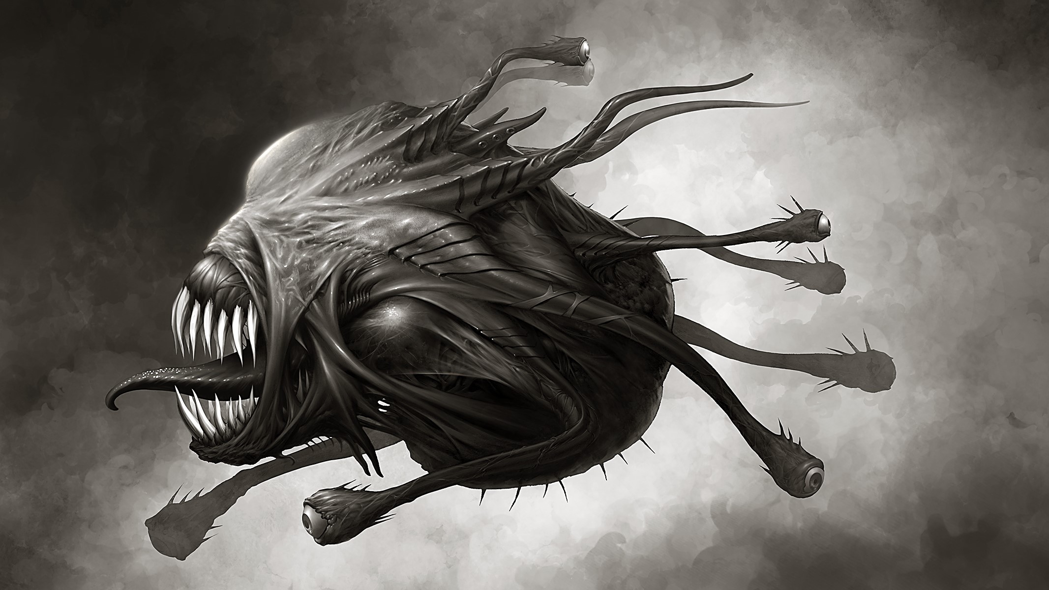 A grotesque alien monster with sharp teeth and multiple eyes HD Wallpaper