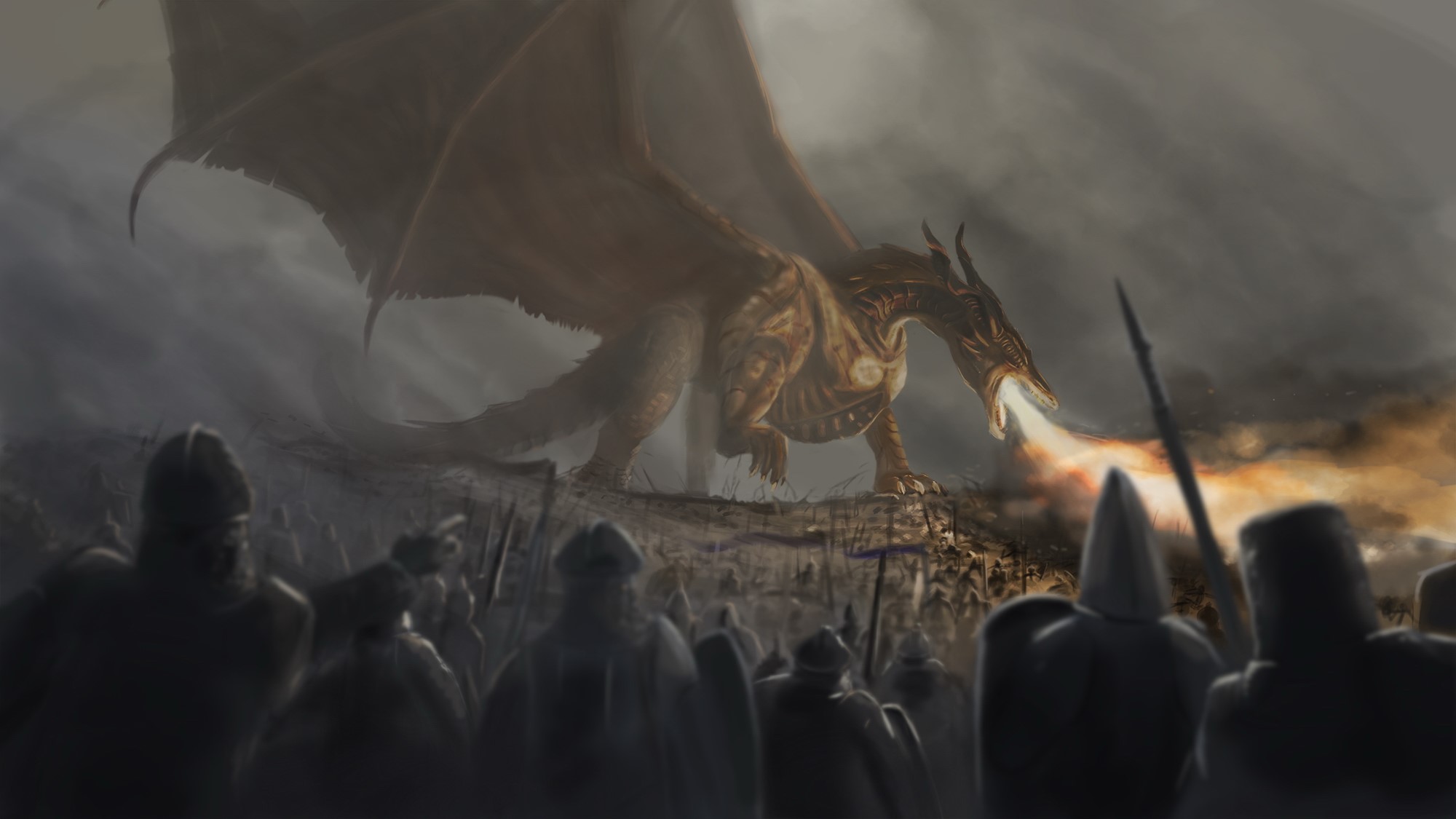 Dragon breathing fire on warriors HD Wallpaper