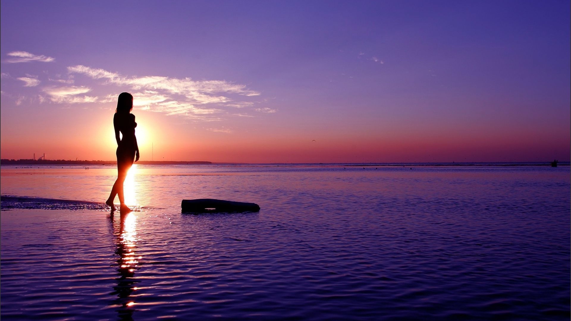 Woman silhouetted against a sunset on a beach HD Wallpaper