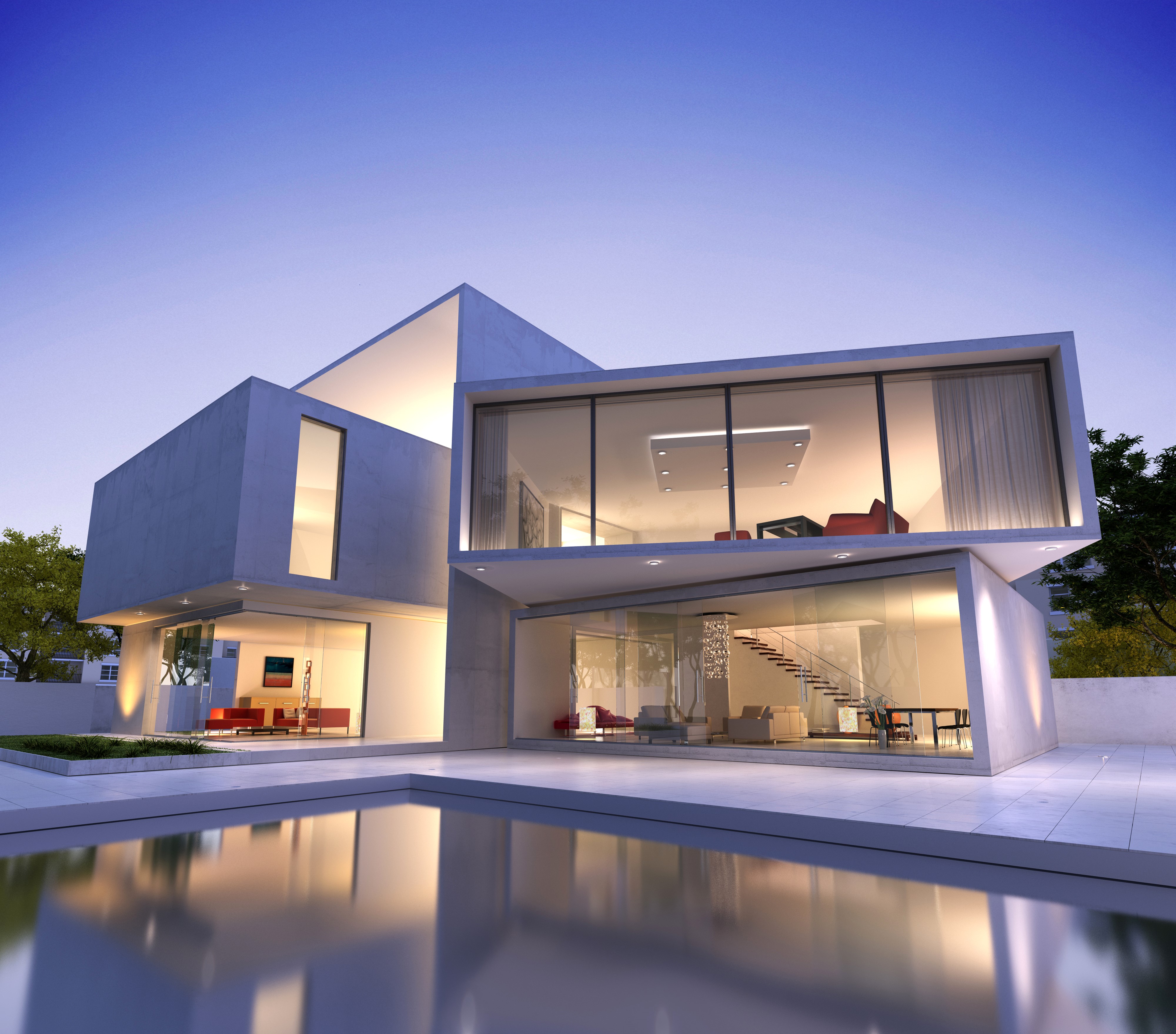 Modern Mansion with Pool at Evening HD Wallpaper