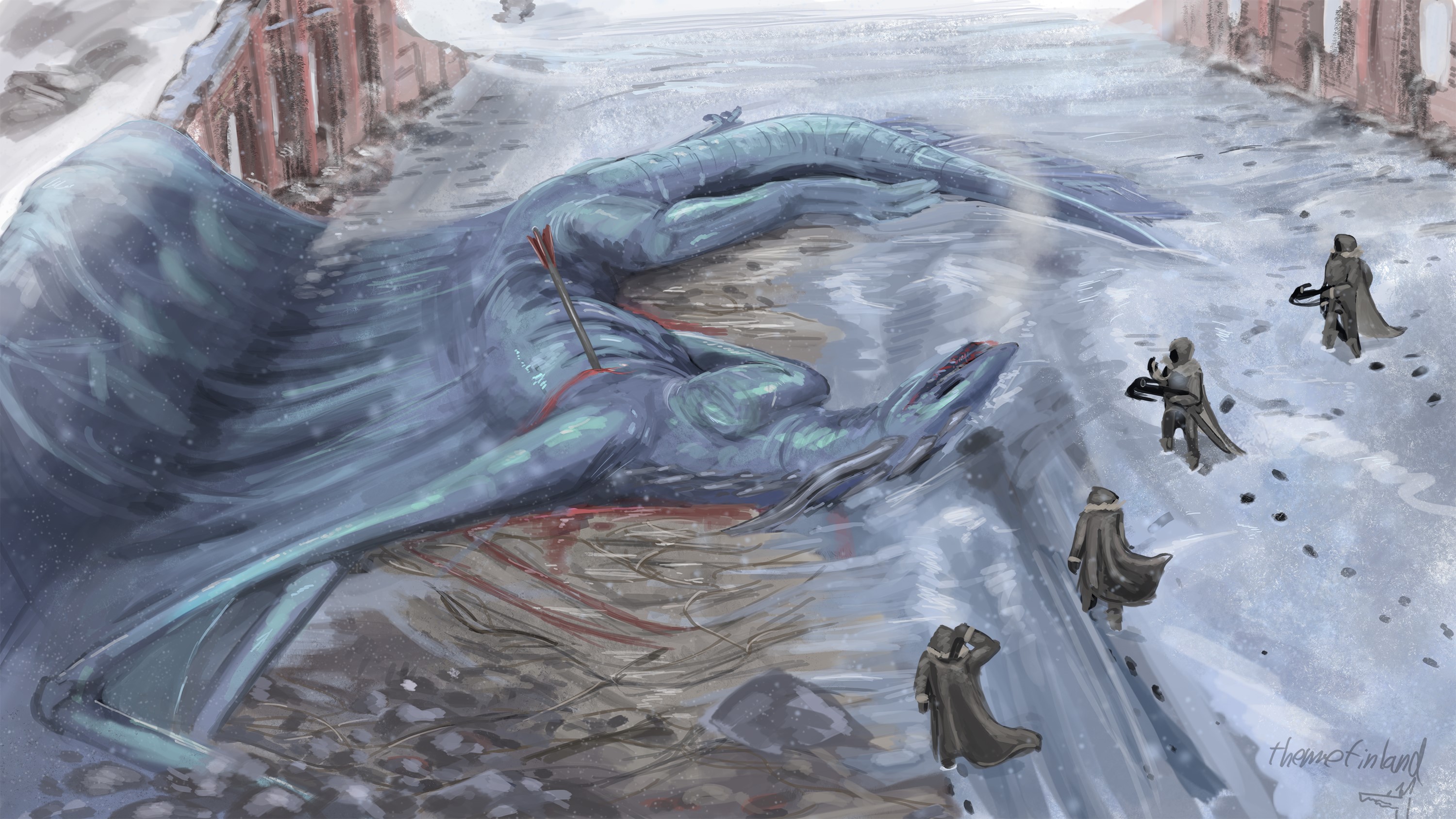 Dead Dragon with Arrow and Warriors in Snow HD Wallpaper