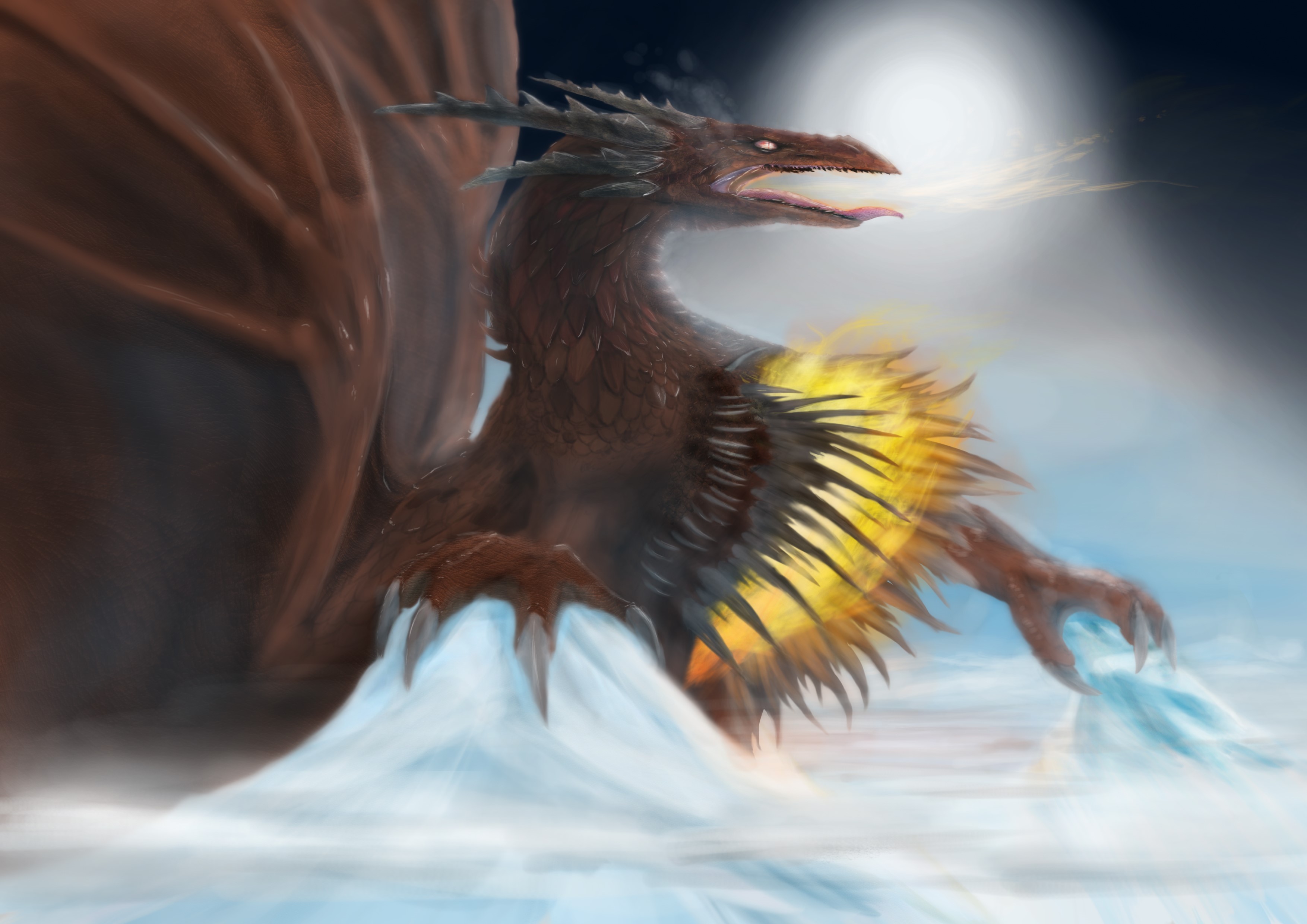 A dragon breathing fire on icy terrain HD Wallpaper