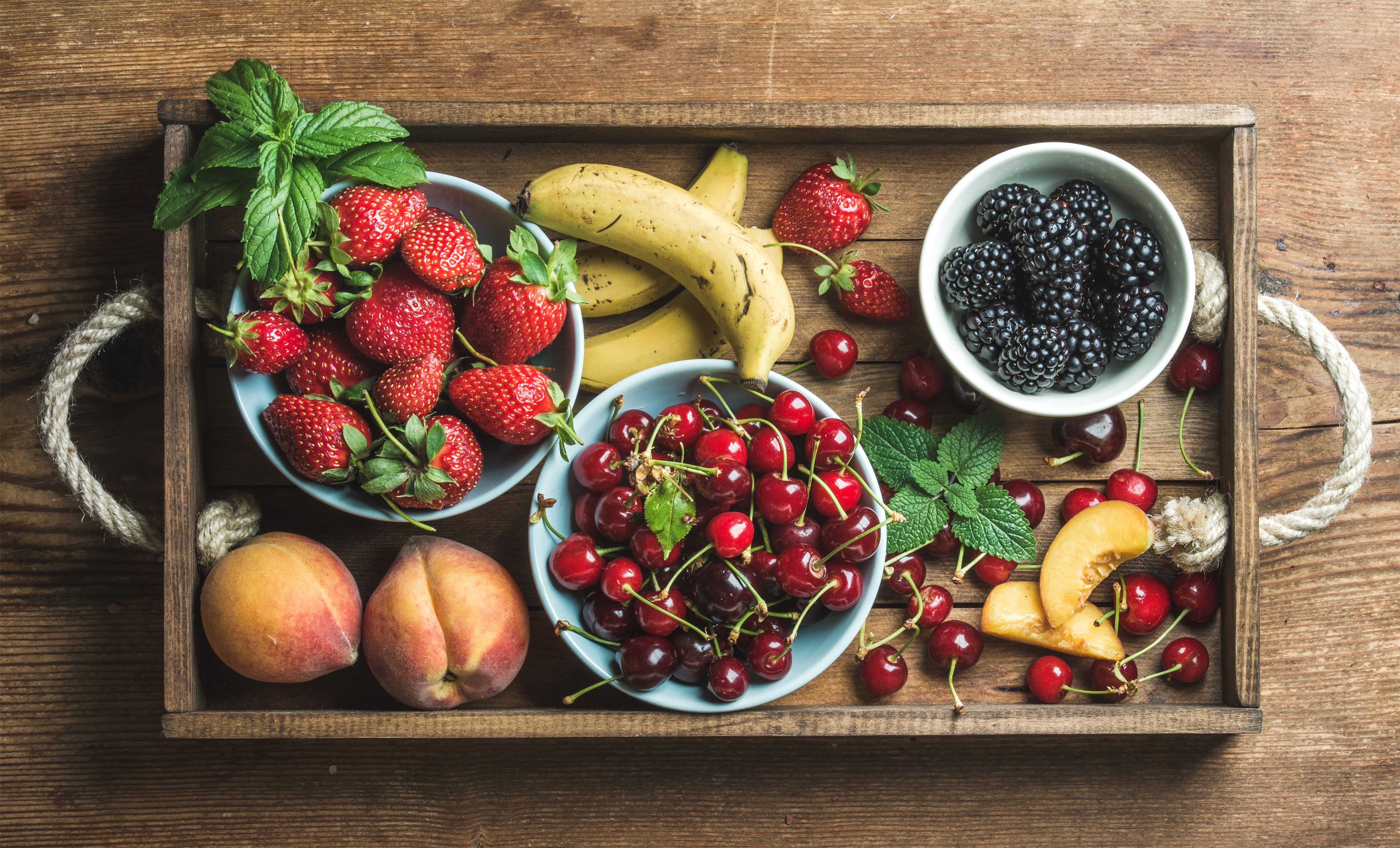 4K Fruit Platter with Strawberries, Cherries, Blackberries, Bananas, and Peaches HD Wallpaper