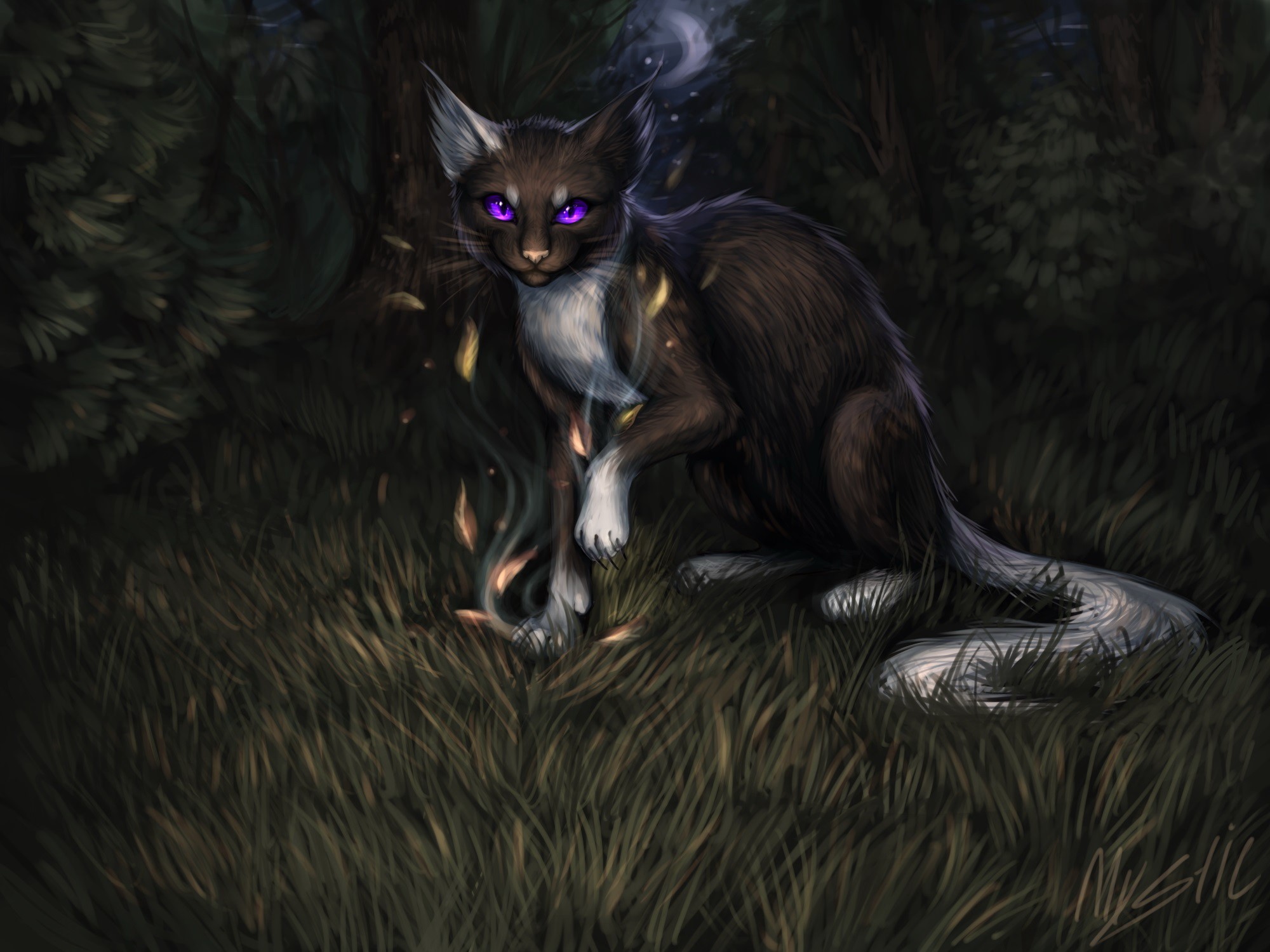 A dark fantasy painting of a cat with glowing purple eyes in a forest HD Wallpaper
