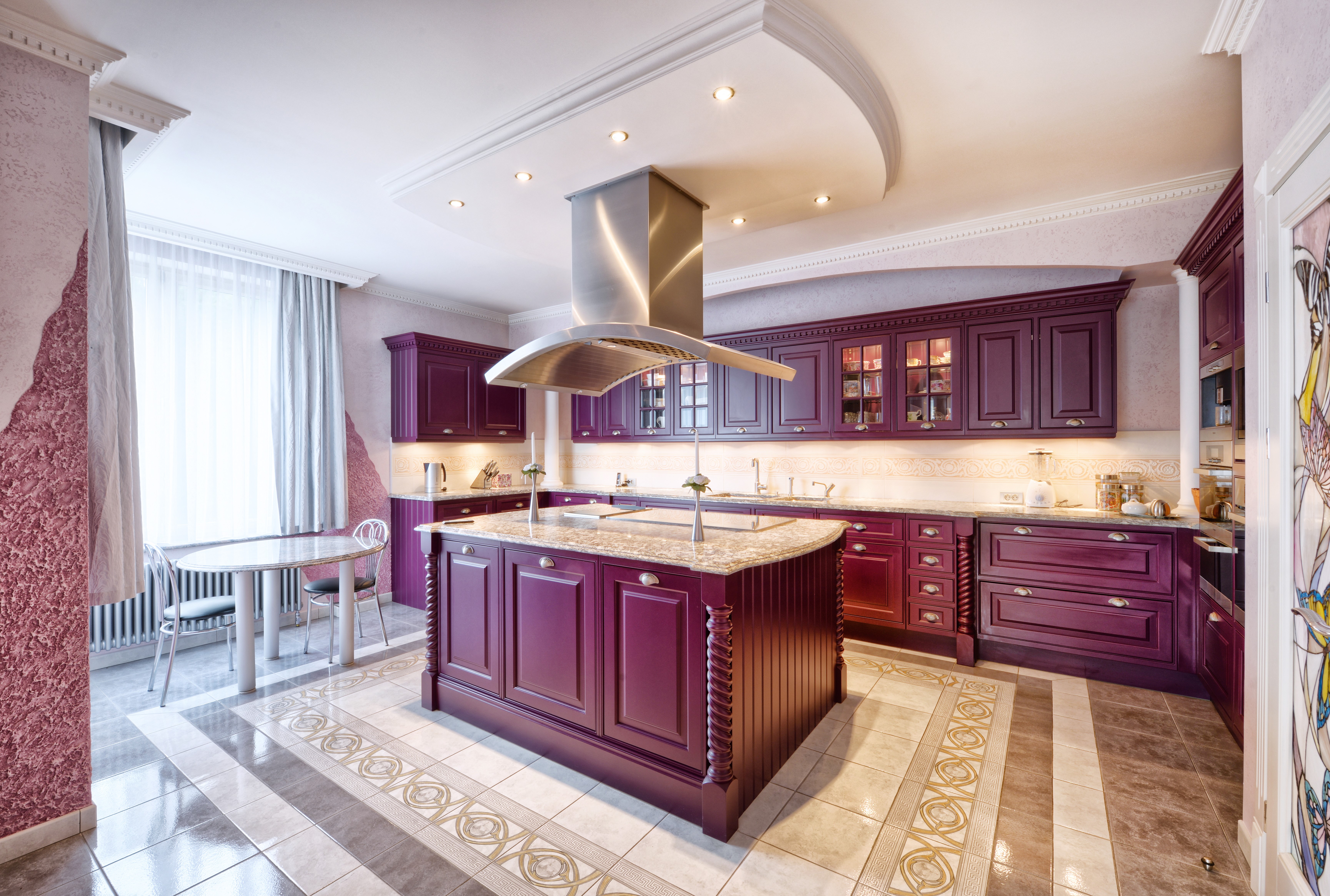 Luxury Kitchen Interior Design with Purple Cabinets and Island HD Wallpaper