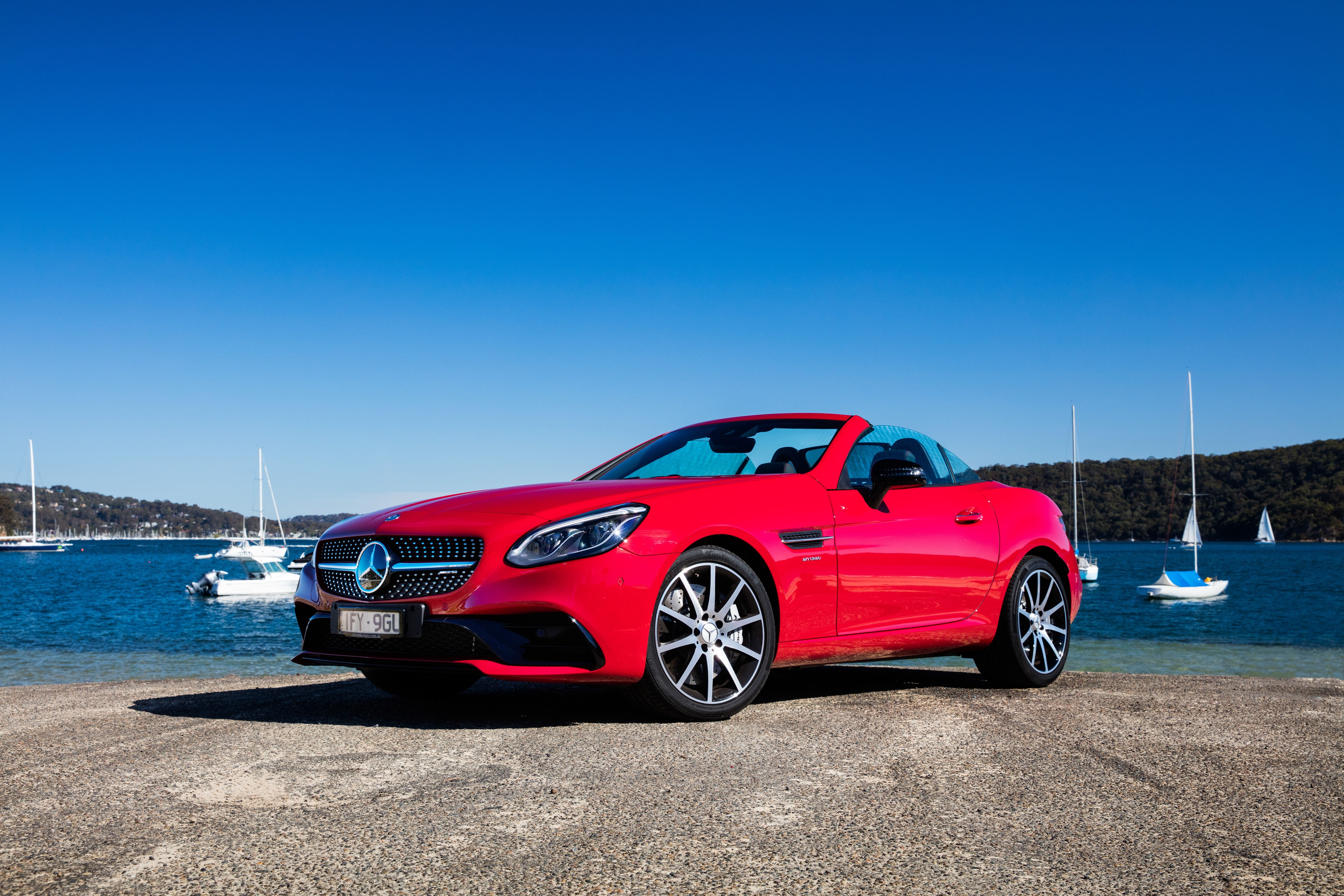 Red Mercedes-Benz AMG SLC 43 Cabriolet by the Water HD Wallpaper