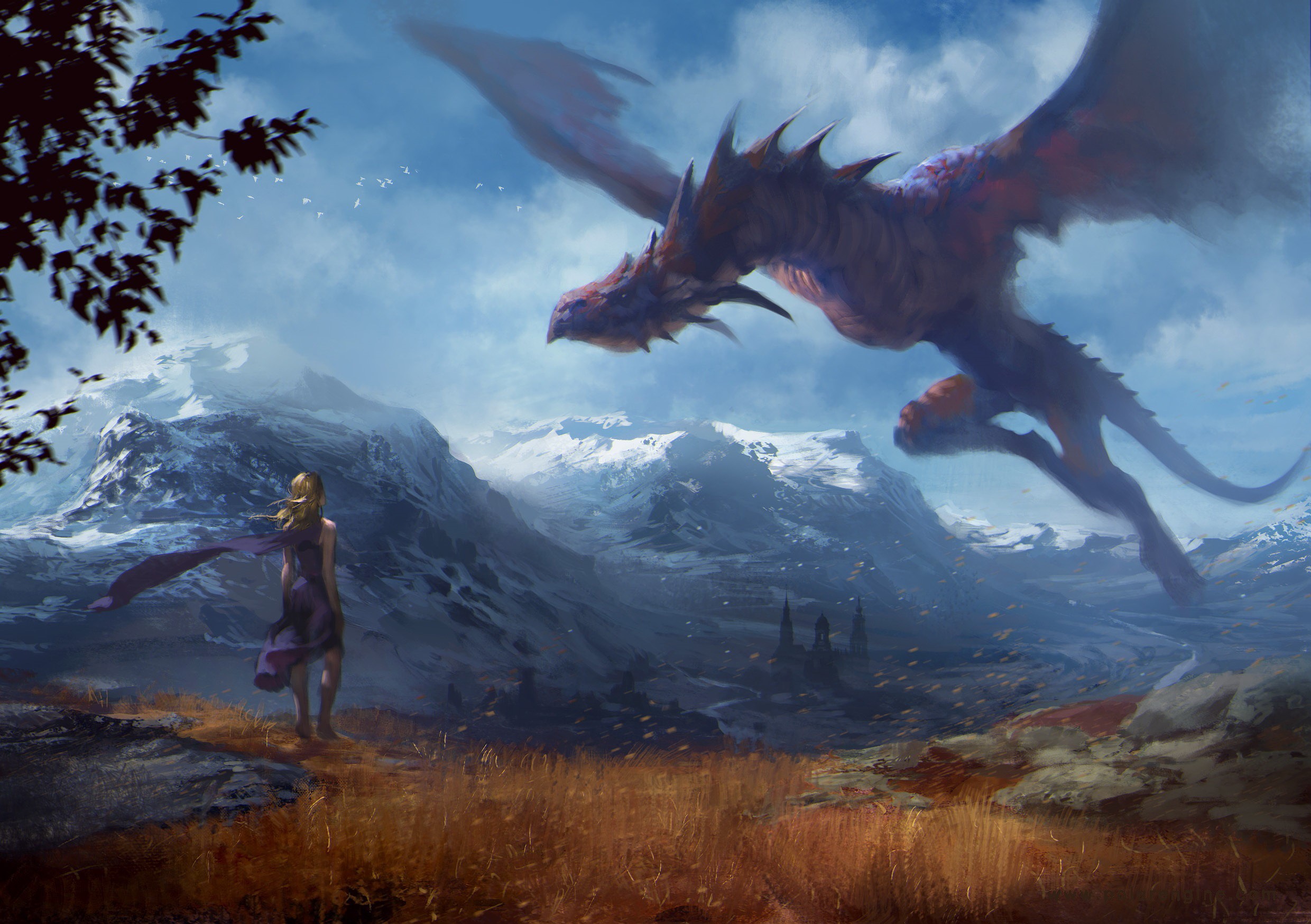 Dragon flying over mountains with a woman watching HD Wallpaper