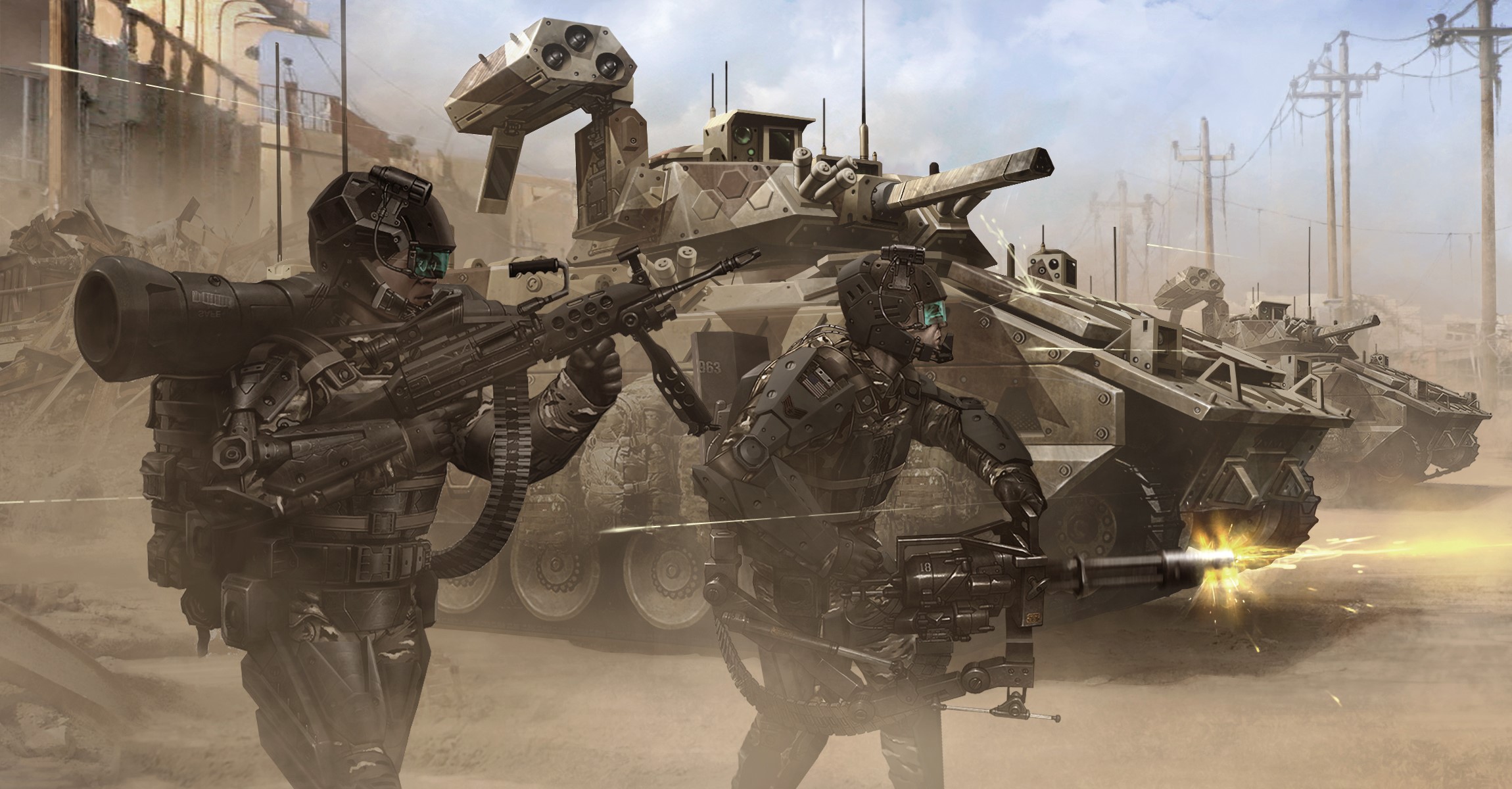 Soldiers with machine guns and military vehicles in a desert HD Wallpaper