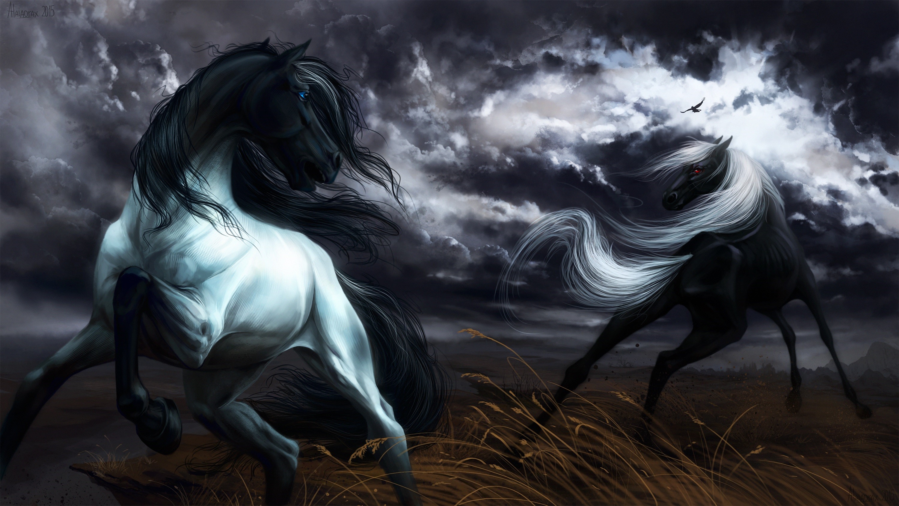 Two horses running in a stormy landscape HD Wallpaper