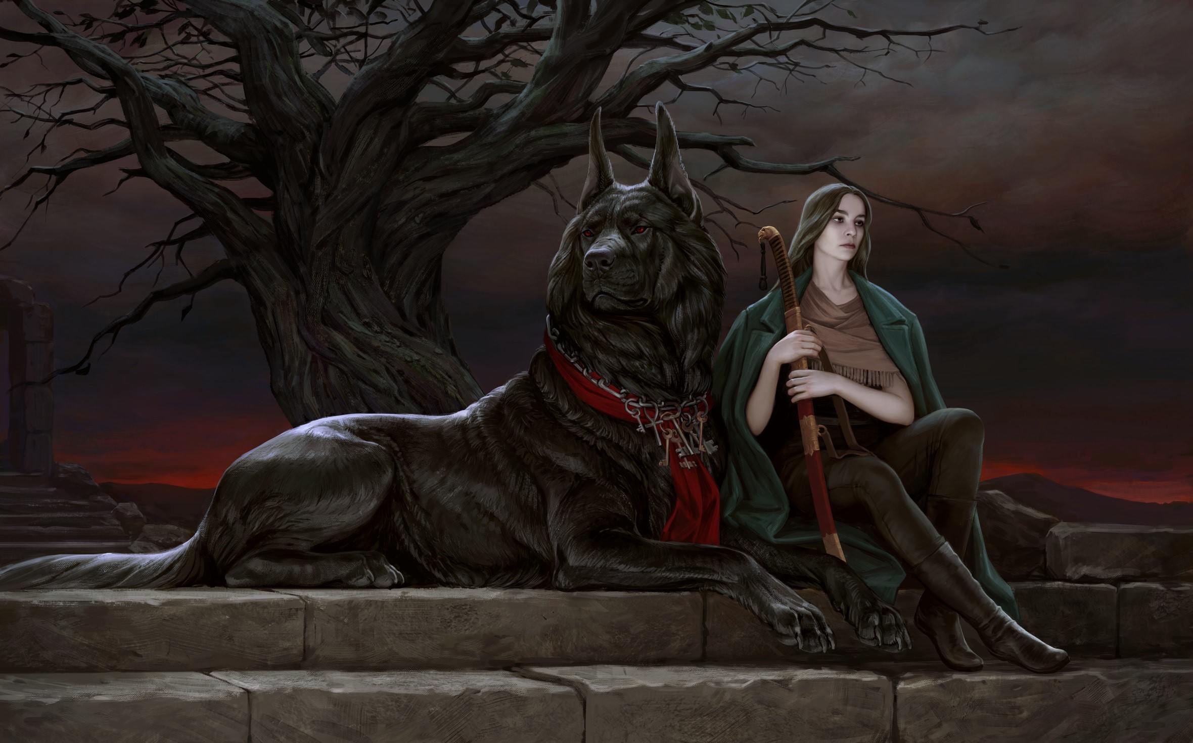 Girl and large dog with swords in front of a tree HD Wallpaper