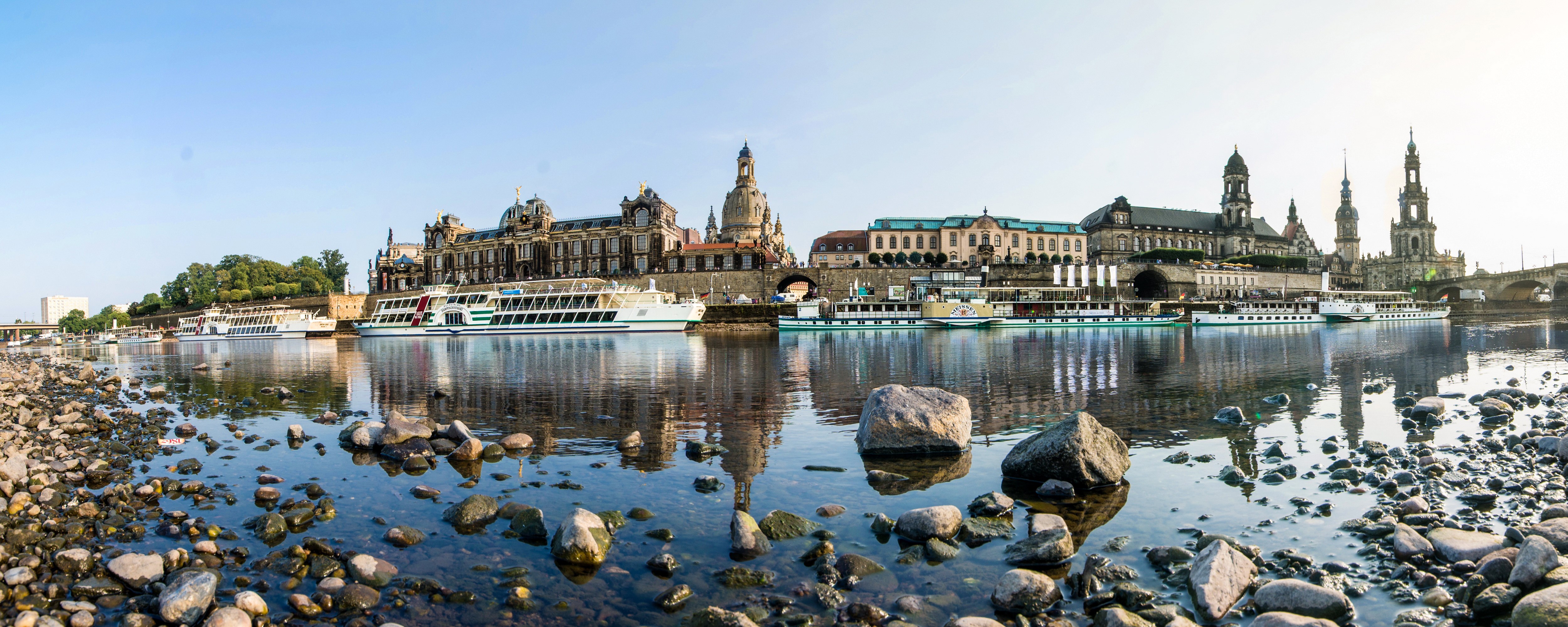 Dresden skyline with riverboats on the Elbe River HD Wallpaper