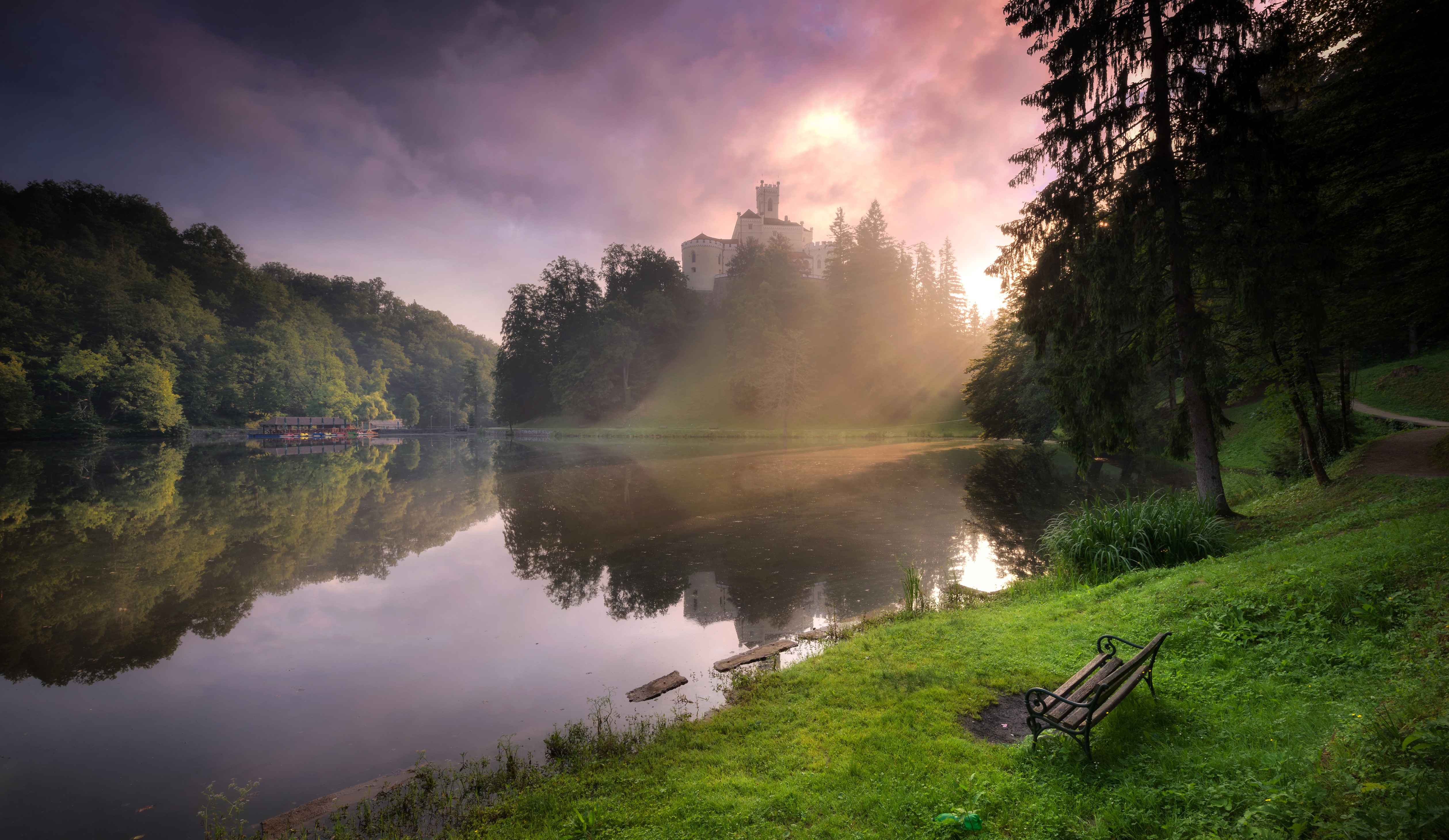 Lake Trakoscan, Croatia with Castle and Fog HD Wallpaper