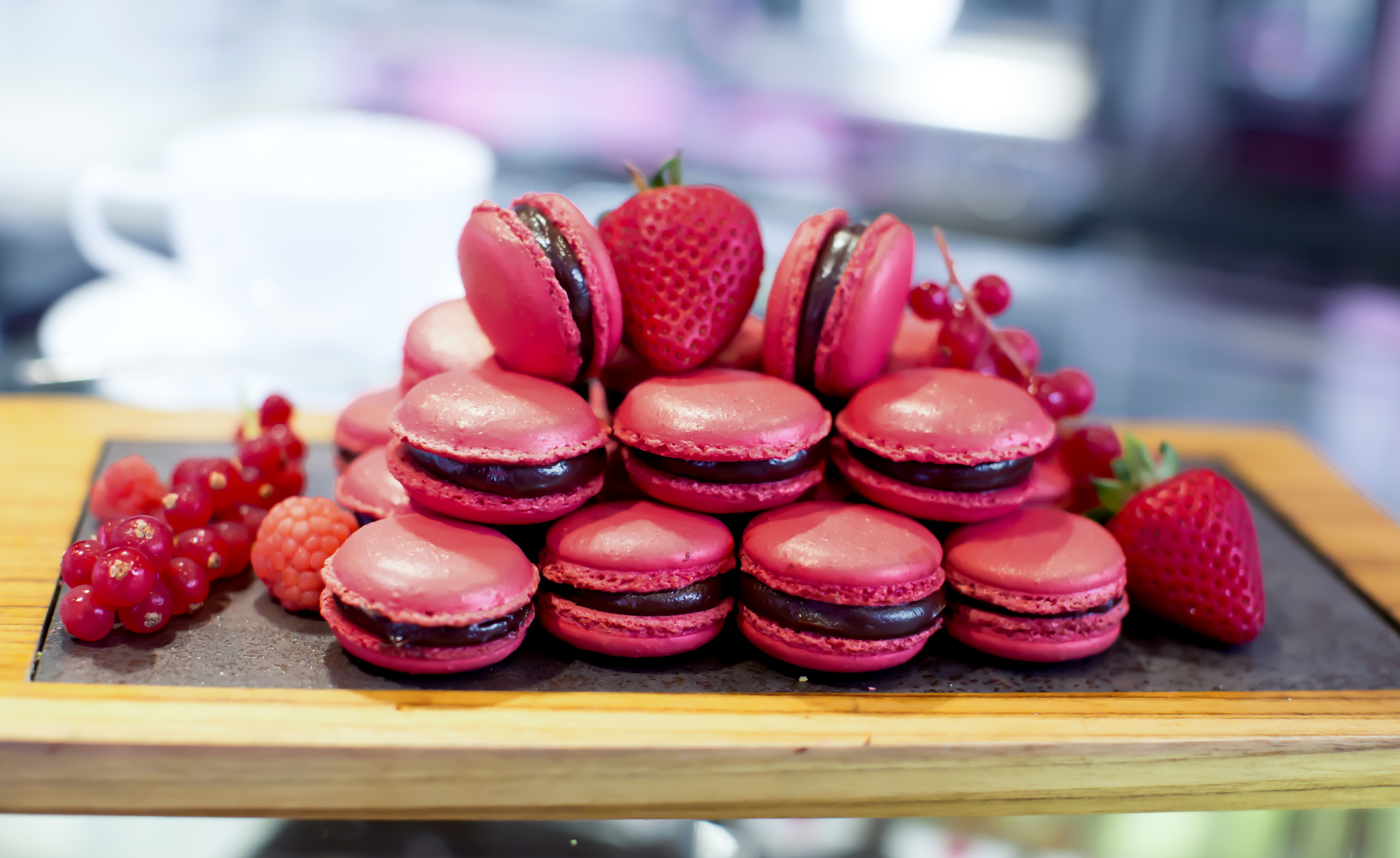Pink Macarons with Berries and Strawberries HD Wallpaper