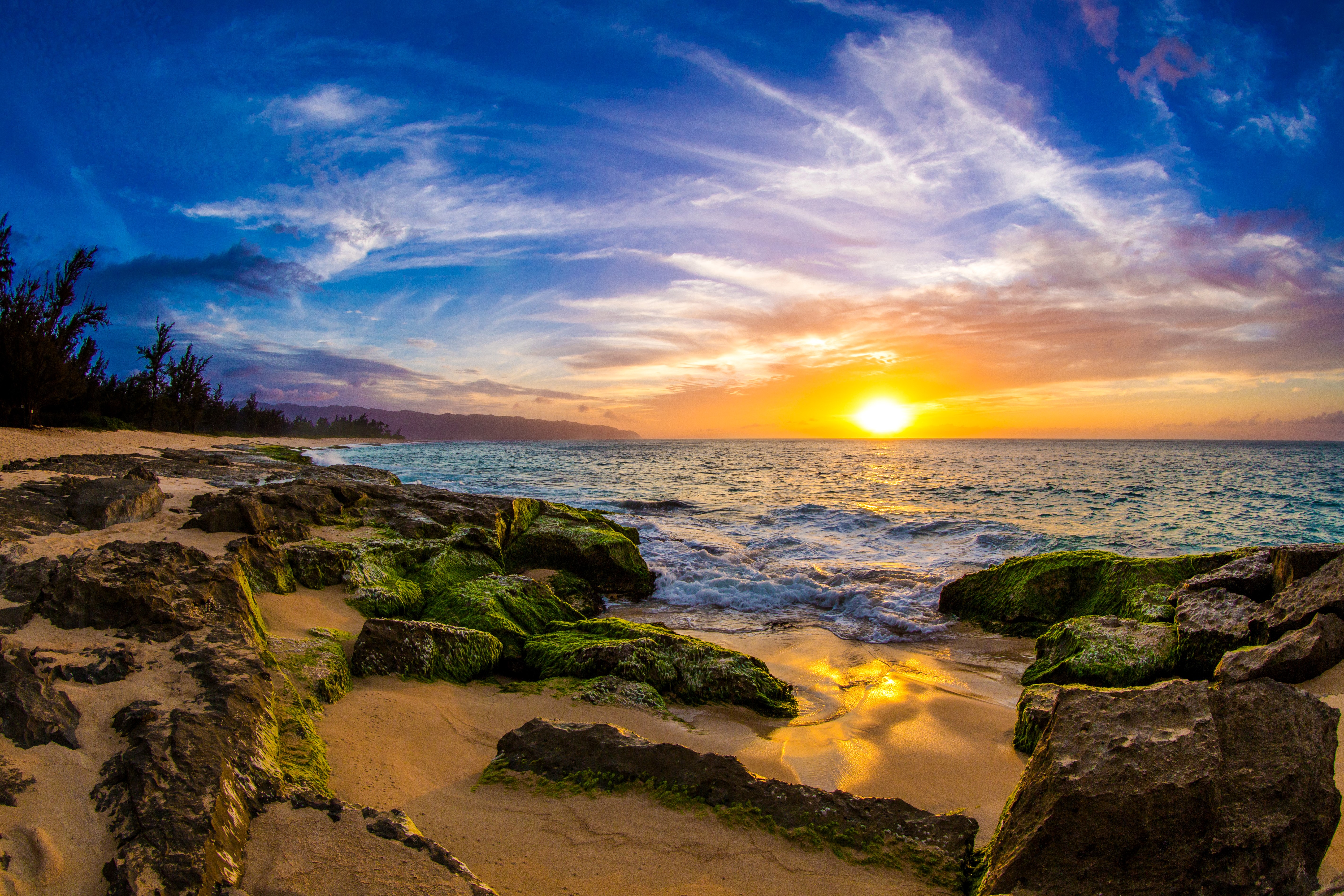 Sunset over the ocean coast with mossy rocks in Hawaii HD Wallpaper