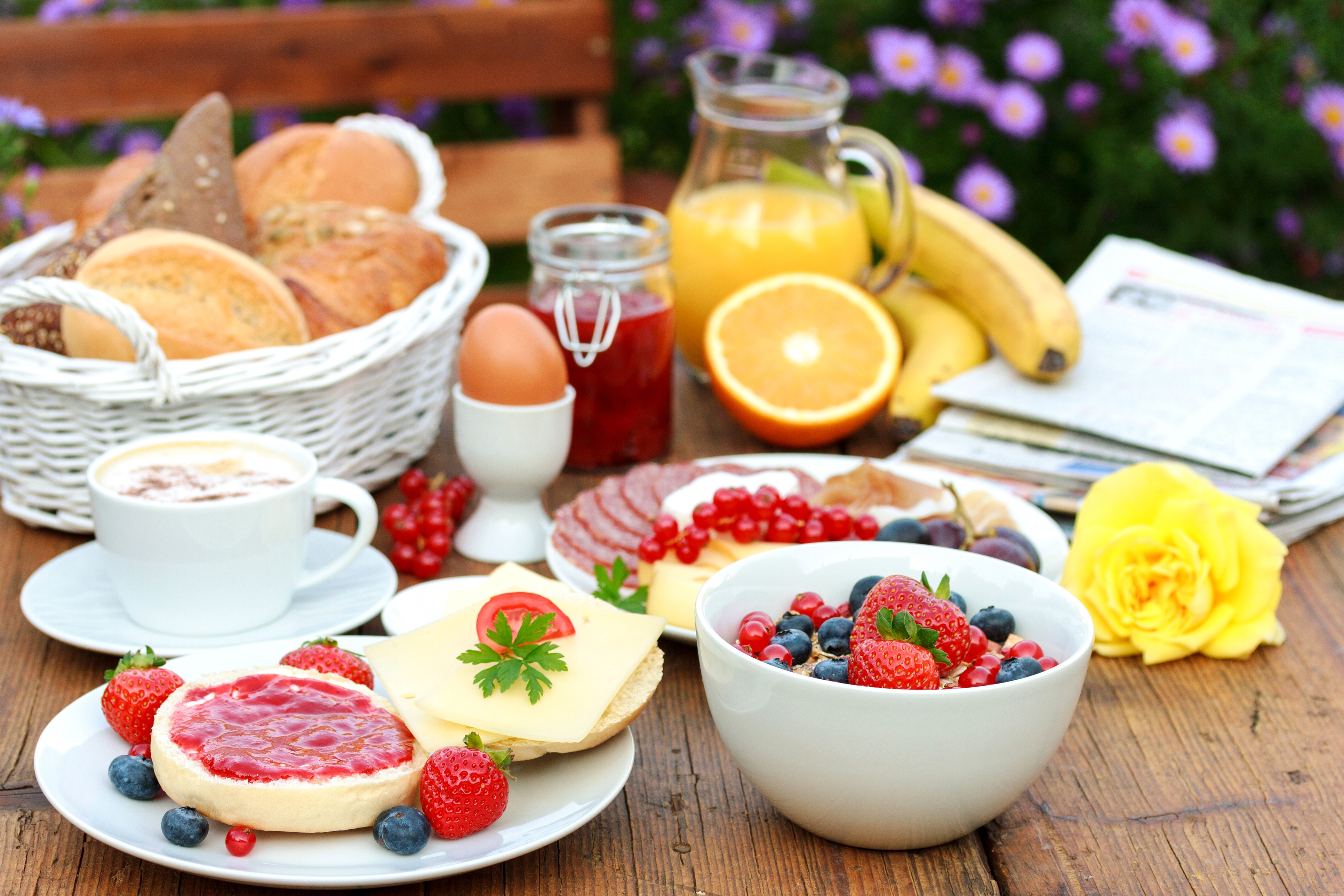 Breakfast with coffee, bread, fruits, and egg HD Wallpaper