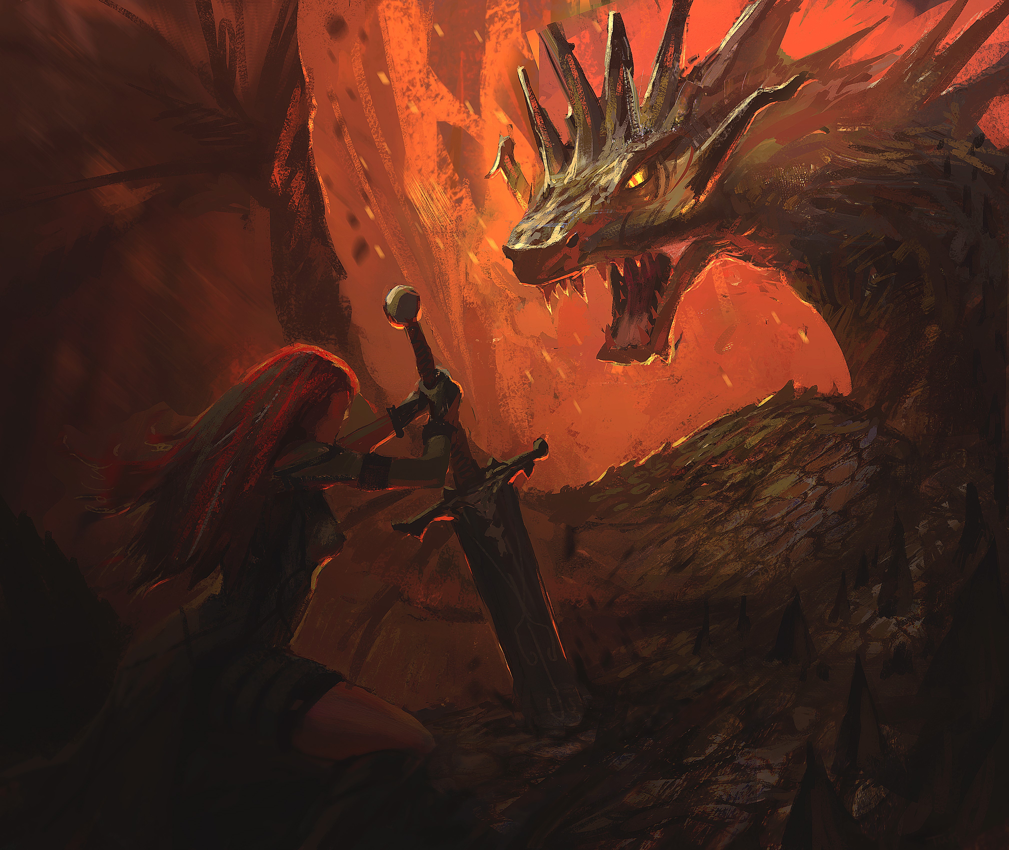 Warrior fighting a dragon HD Wallpaper
