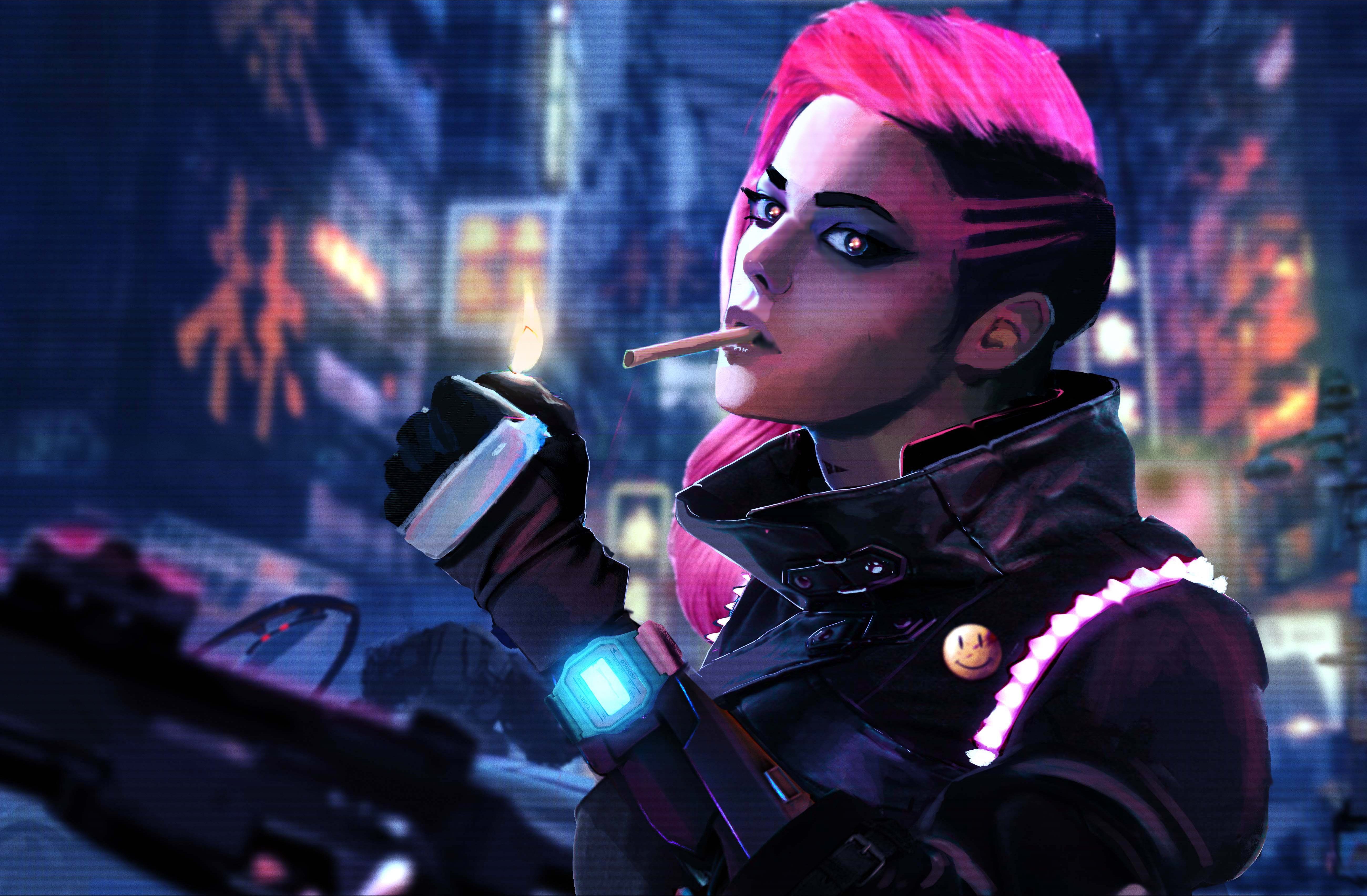 Cyberpunk woman lighting a cigarette HD Wallpaper
