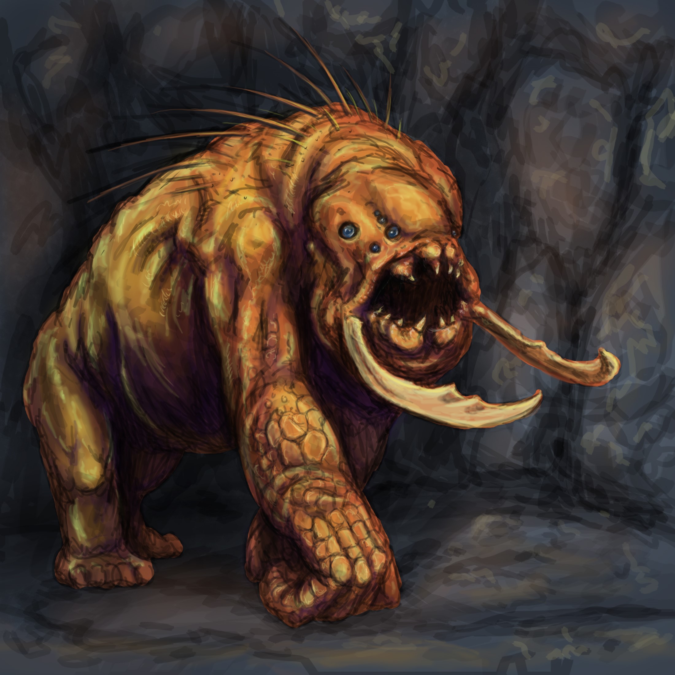 A monstrous creature with multiple eyes and tusks HD Wallpaper