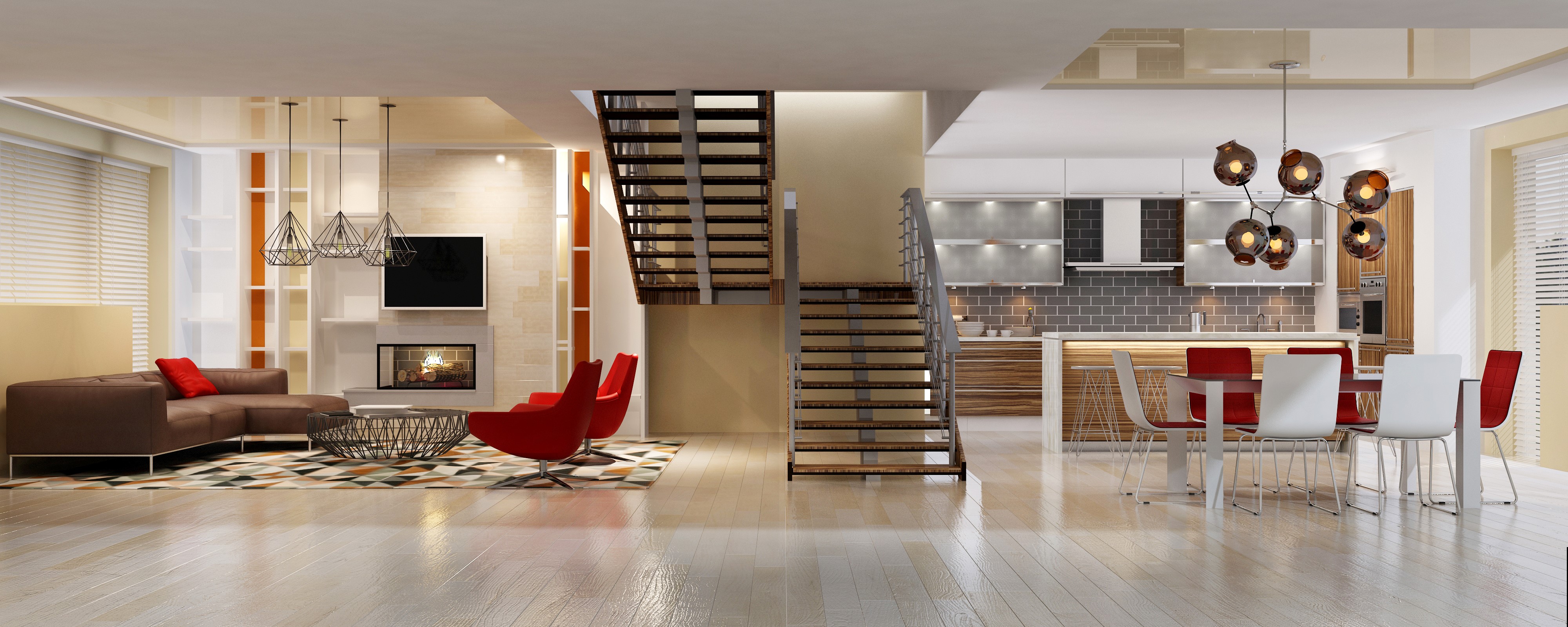 Modern Living Room, Dining Room, and Kitchen with Stairs HD Wallpaper