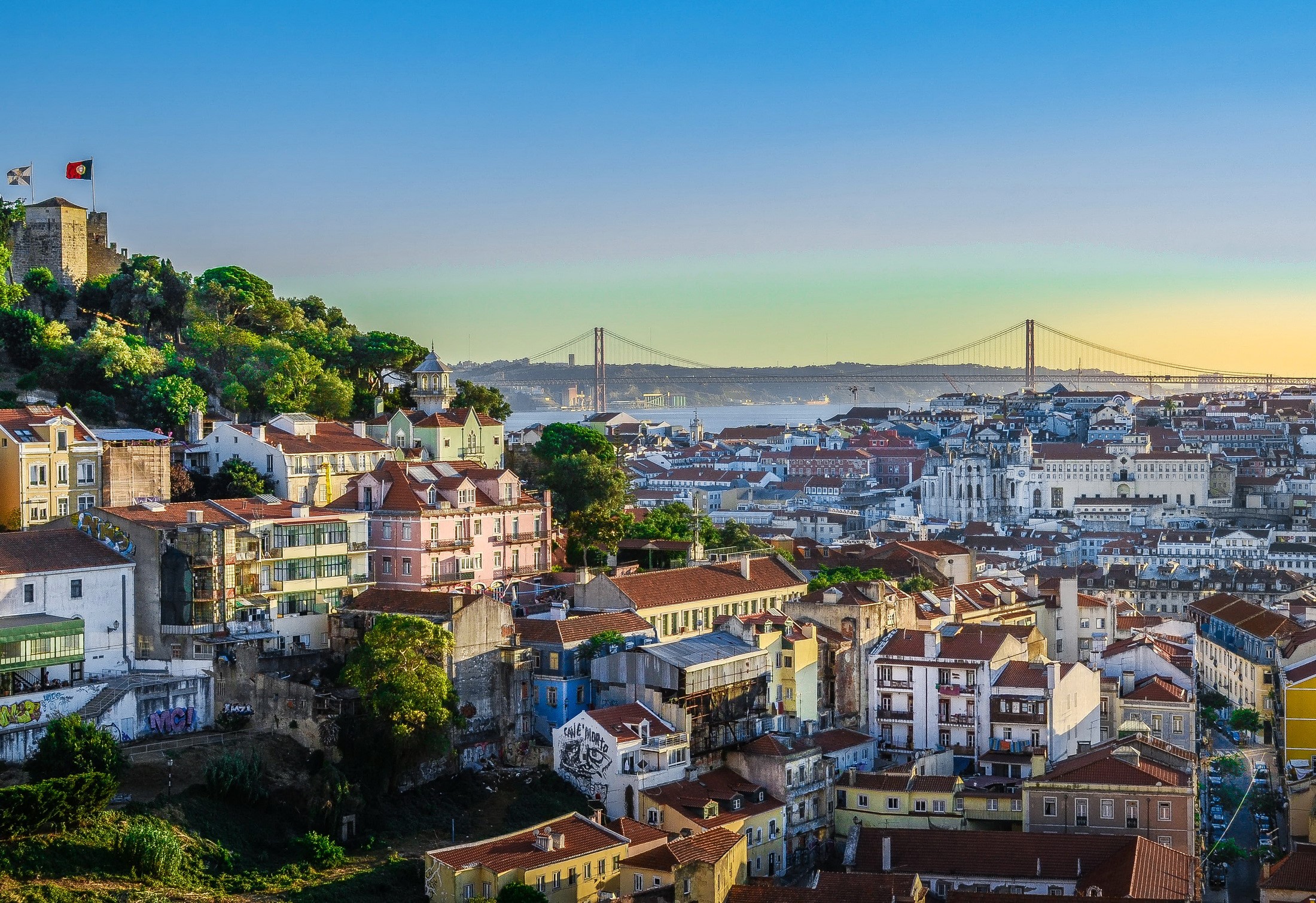 Lisbon cityscape with São Jorge Castle and 25 de Abril Bridge HD Wallpaper