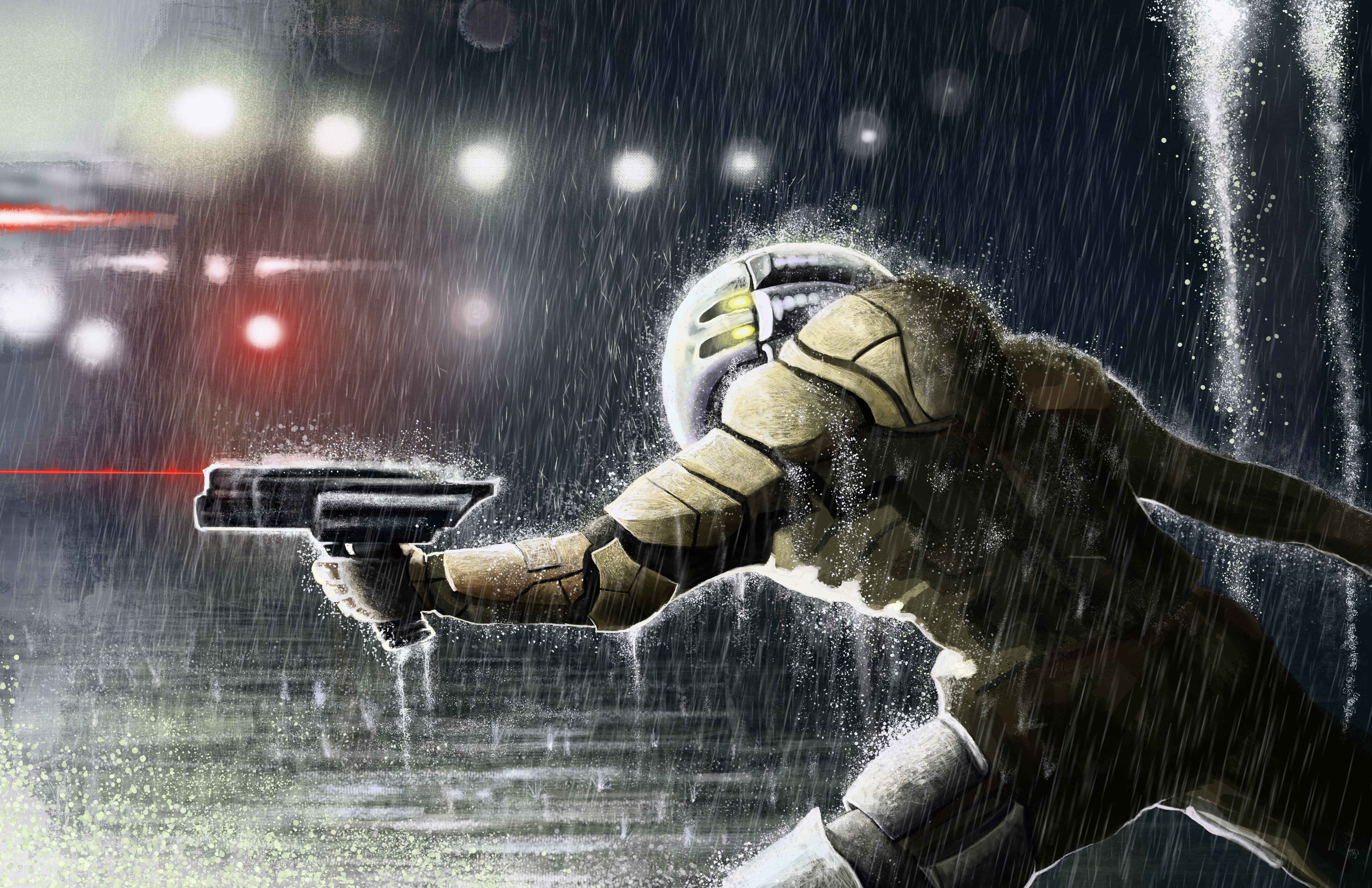 Warrior with pistol in the rain HD Wallpaper