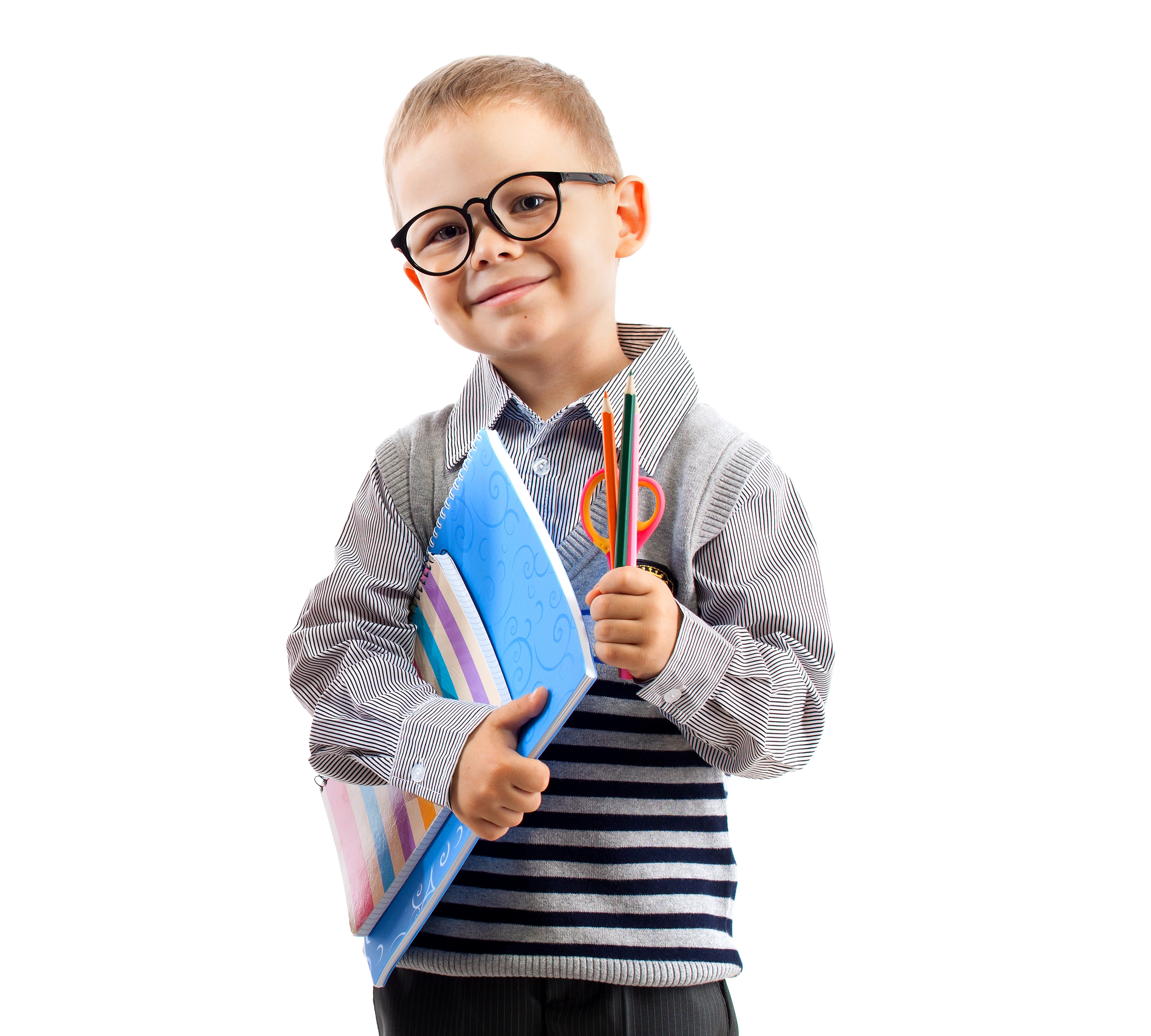 Boy with glasses holding notebooks and pencils HD Wallpaper