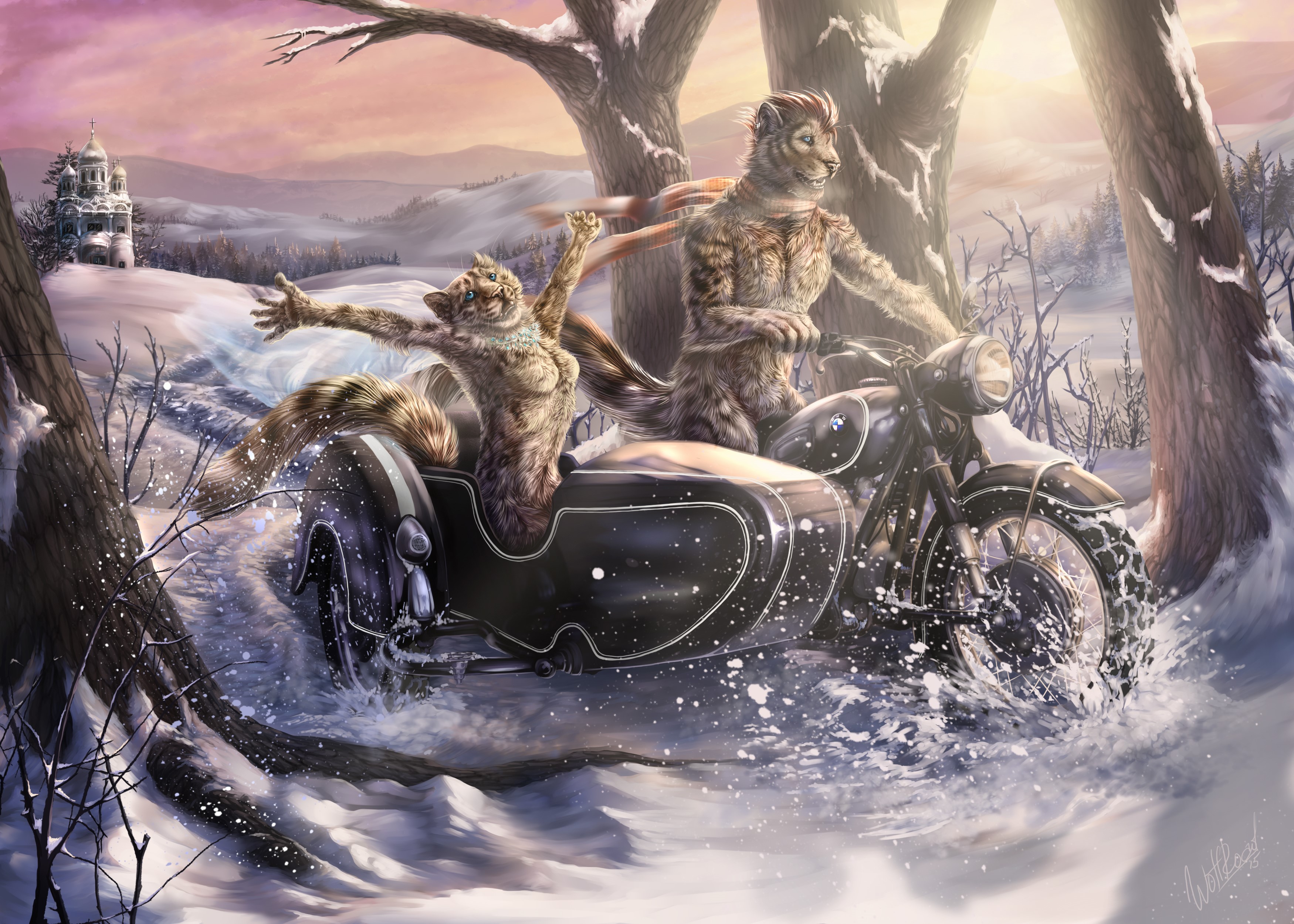 Anthropomorphic cats riding a motorcycle with a sidecar in the snow HD Wallpaper