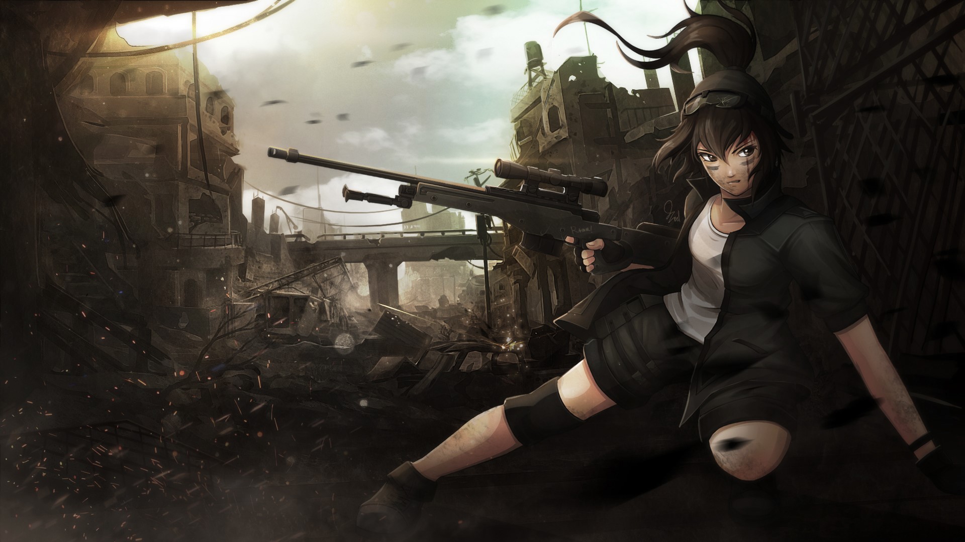 Girl with sniper rifle in ruined city HD Wallpaper