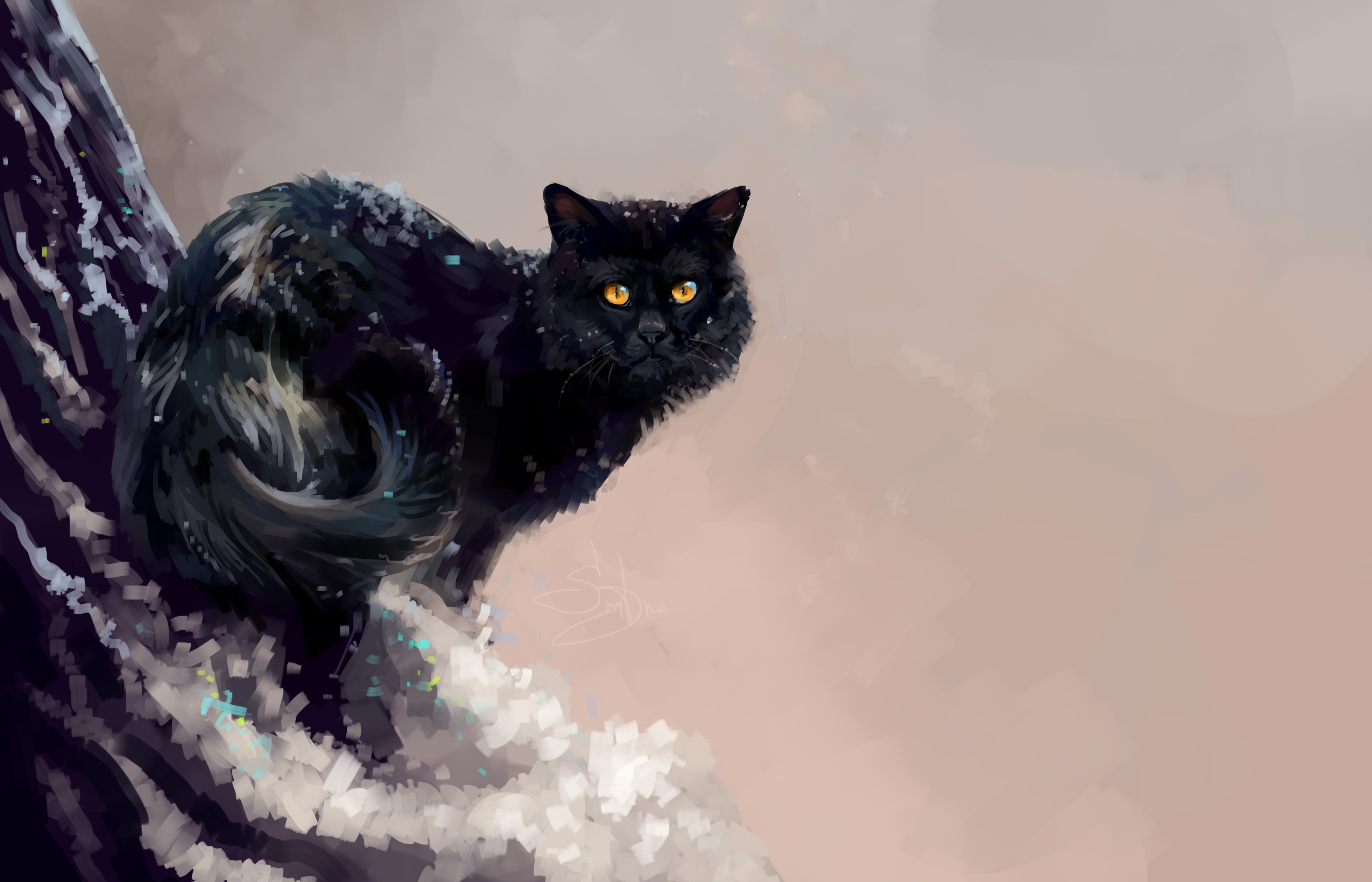 Black cat with yellow eyes on a snowy branch HD Wallpaper