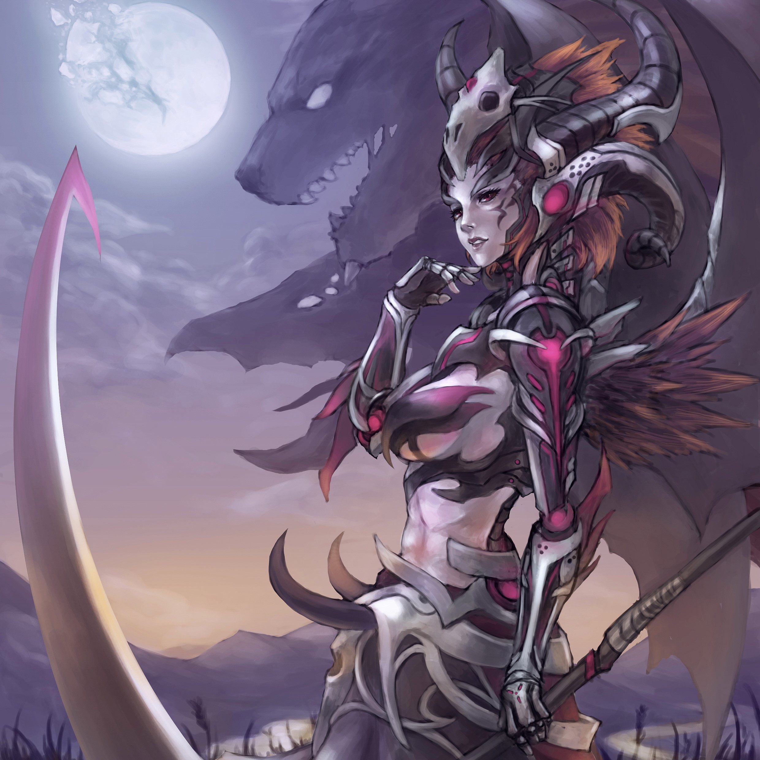 Woman with horns and scythe under the moon HD Wallpaper