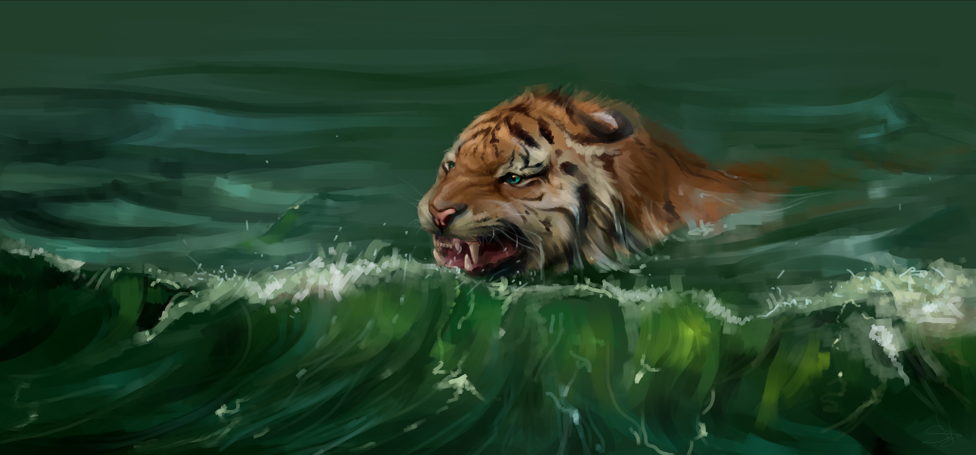 Tiger swimming in dark green water HD Wallpaper