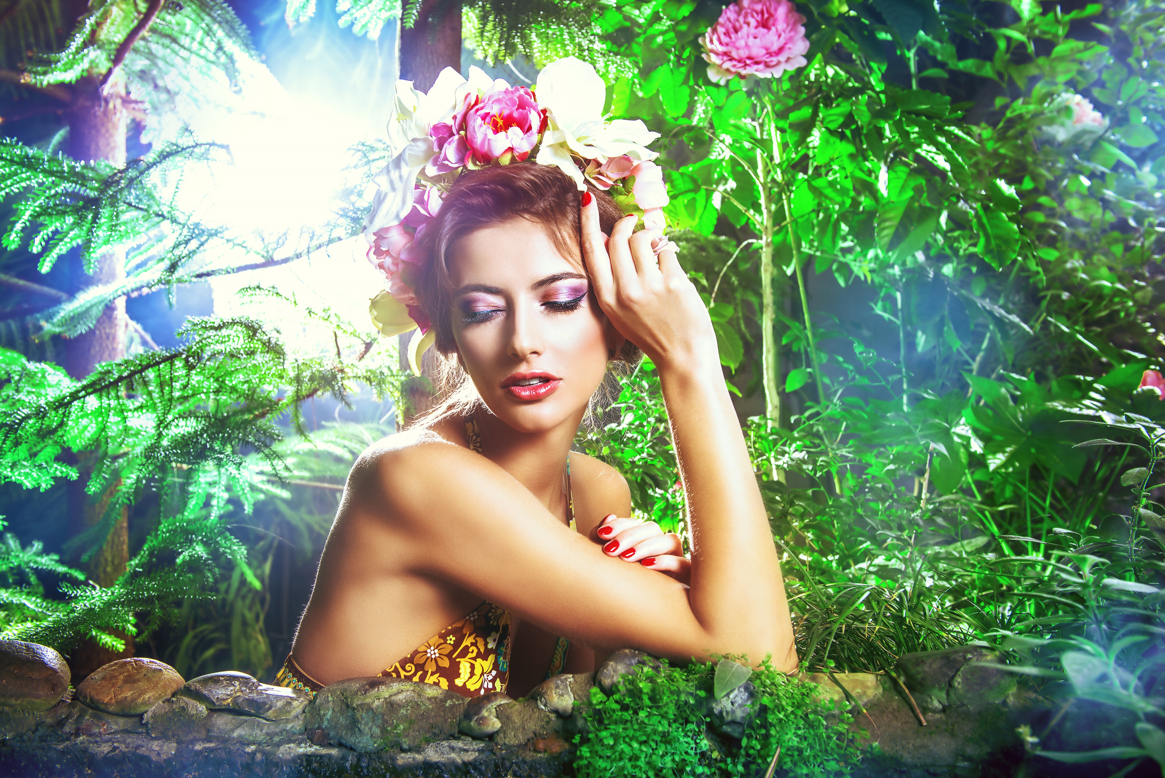Woman with flower crown in a forest HD Wallpaper
