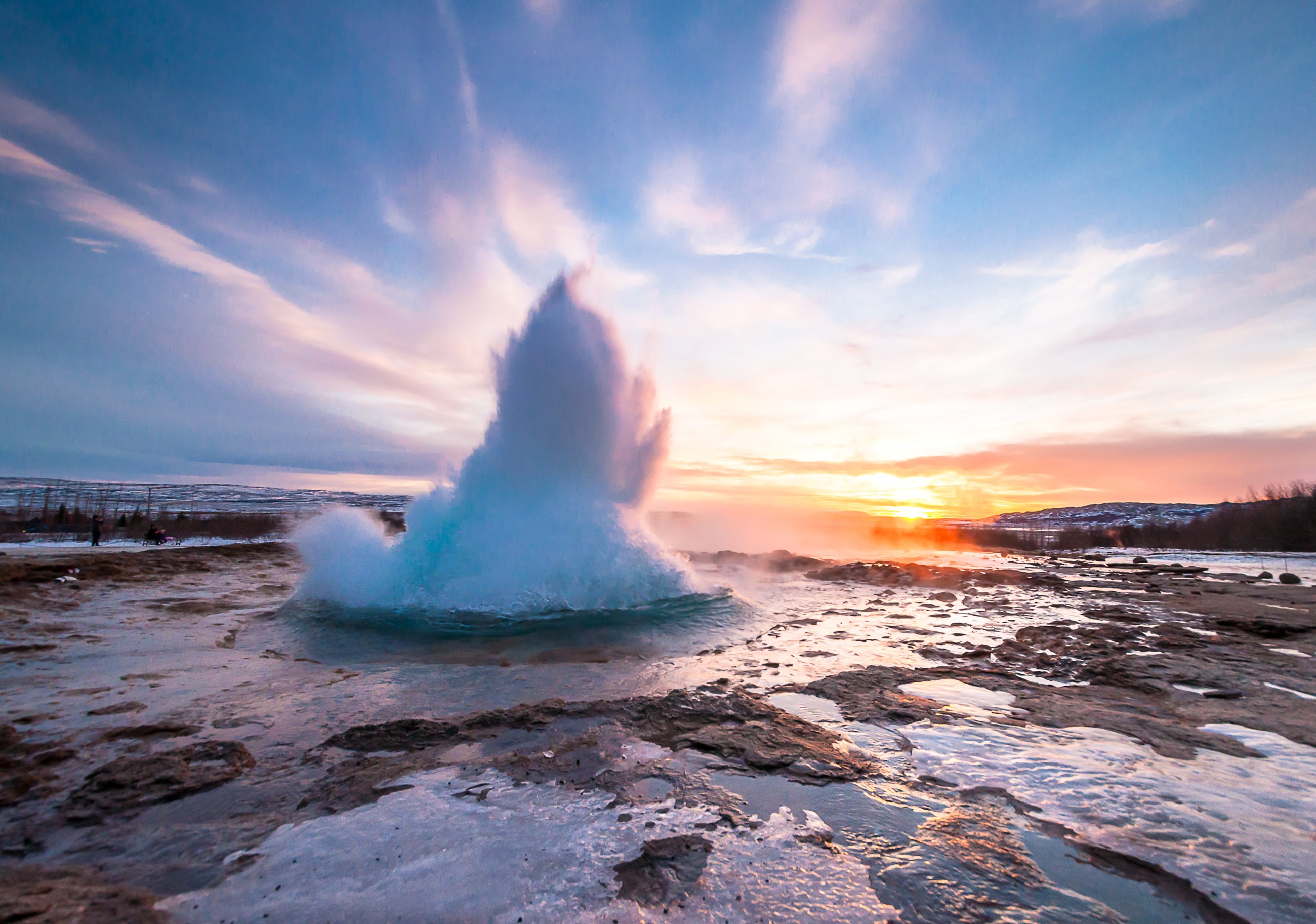 Strokkur Geyser eruption in Iceland at sunset HD Wallpaper