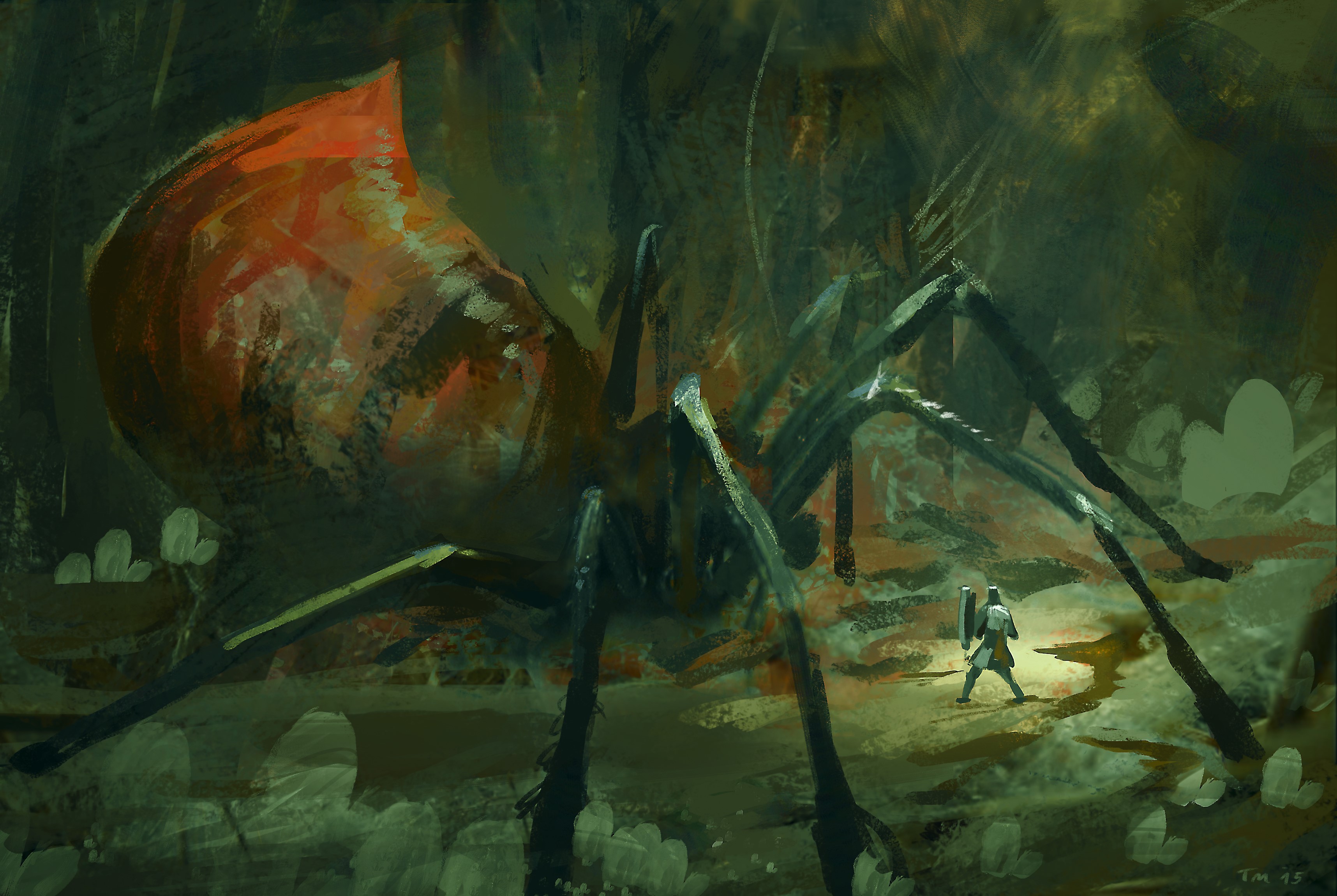 Giant Spider and Warrior in a Dark Forest HD Wallpaper