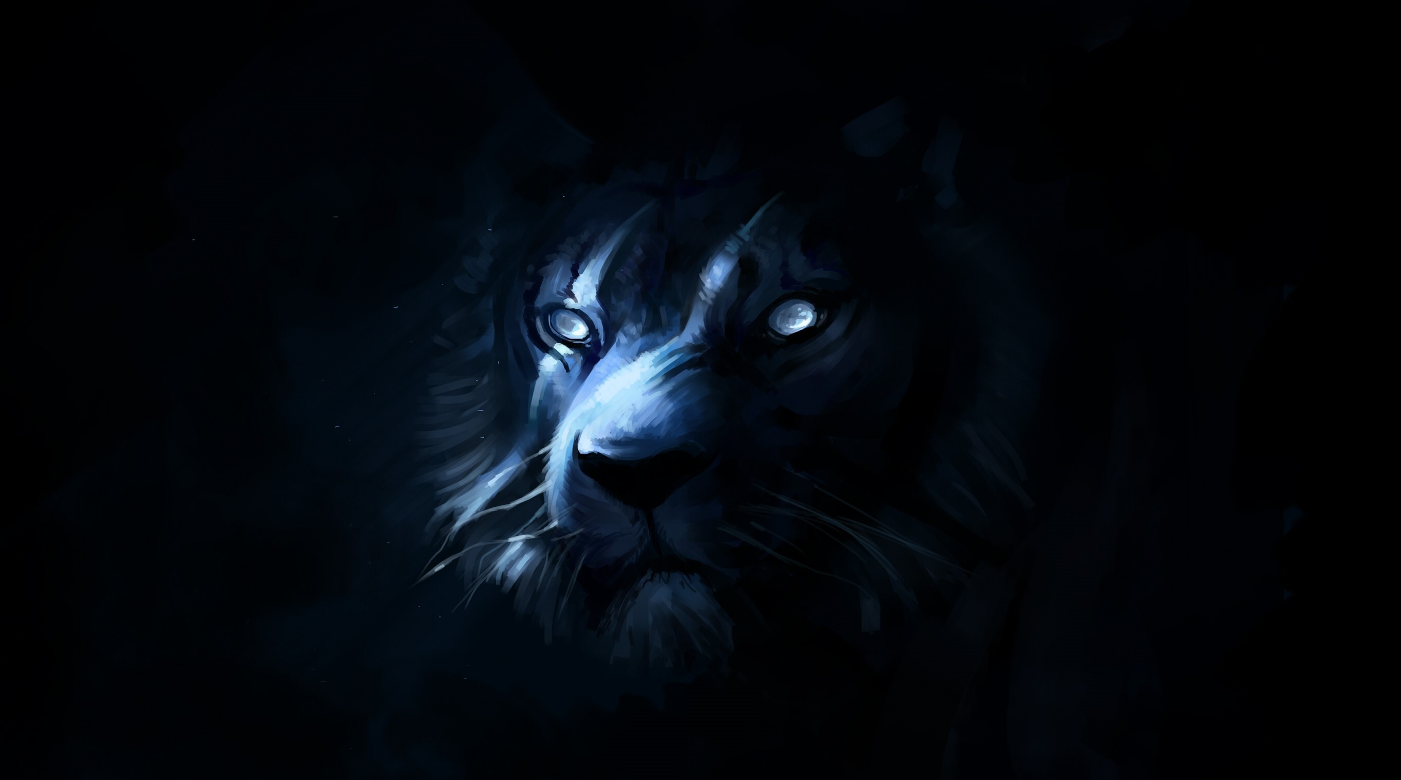Painting of a blue tiger with glowing eyes HD Wallpaper