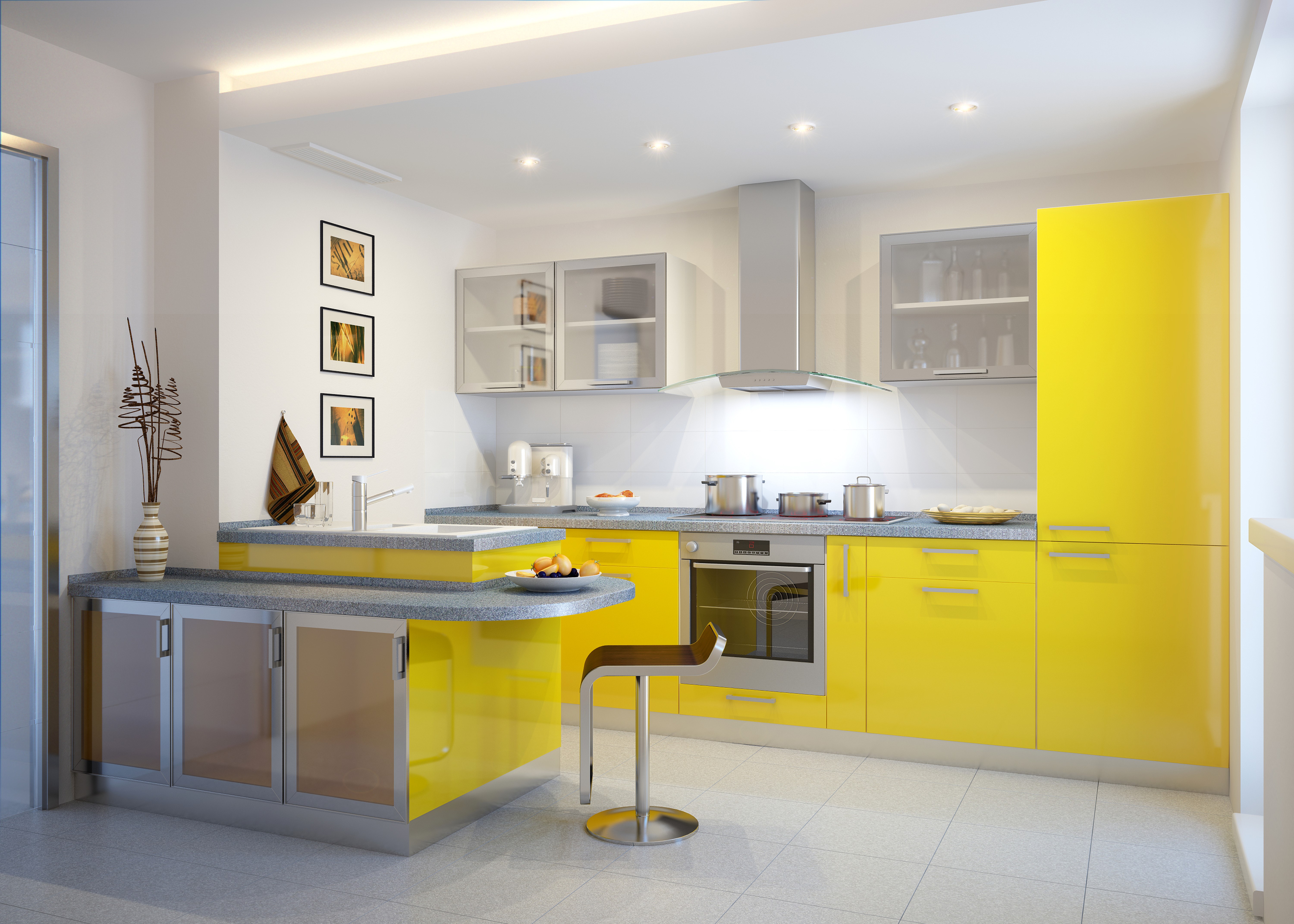 Modern yellow kitchen interior design HD Wallpaper